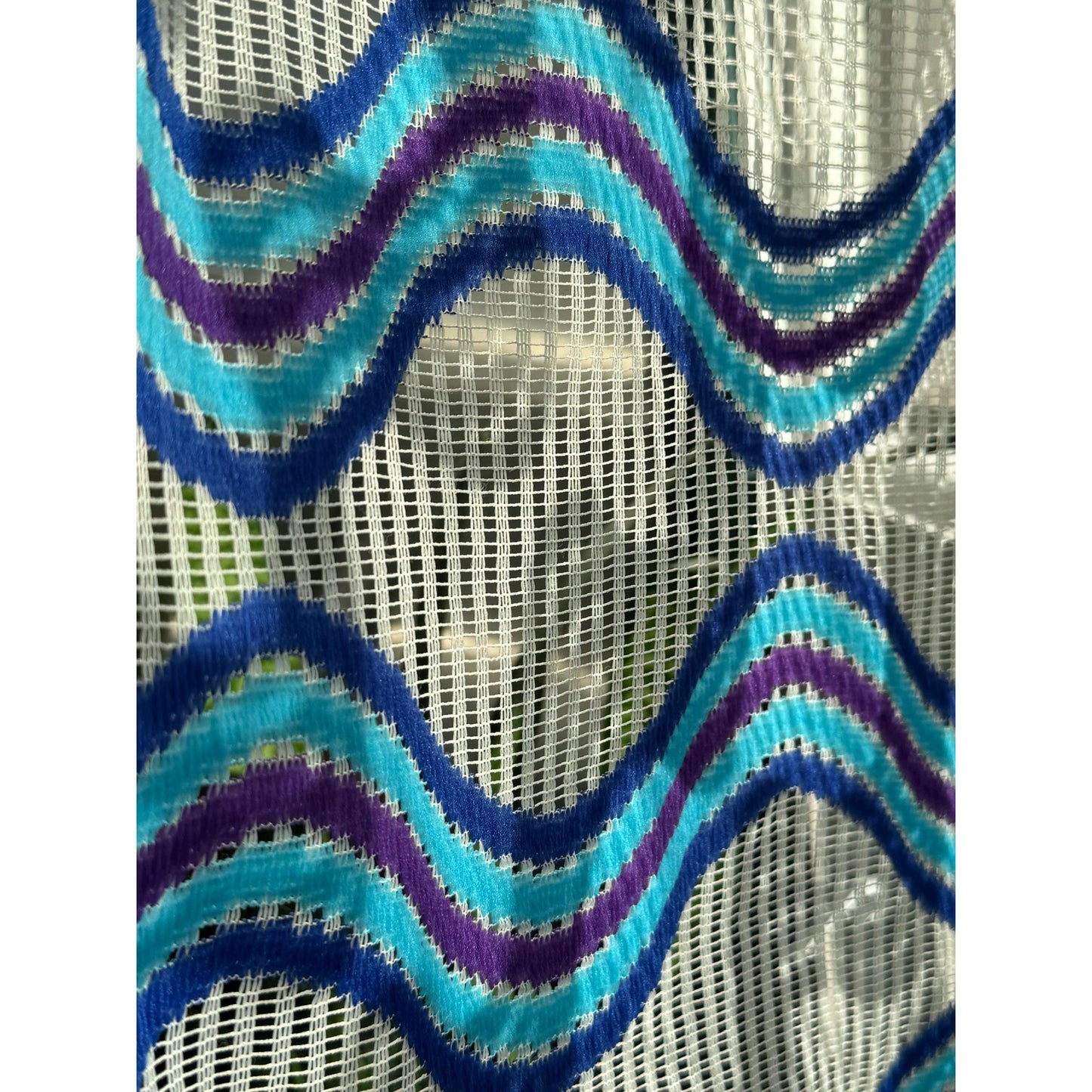 Vintage 70s curtain, blue, purple, white groovy pattern
