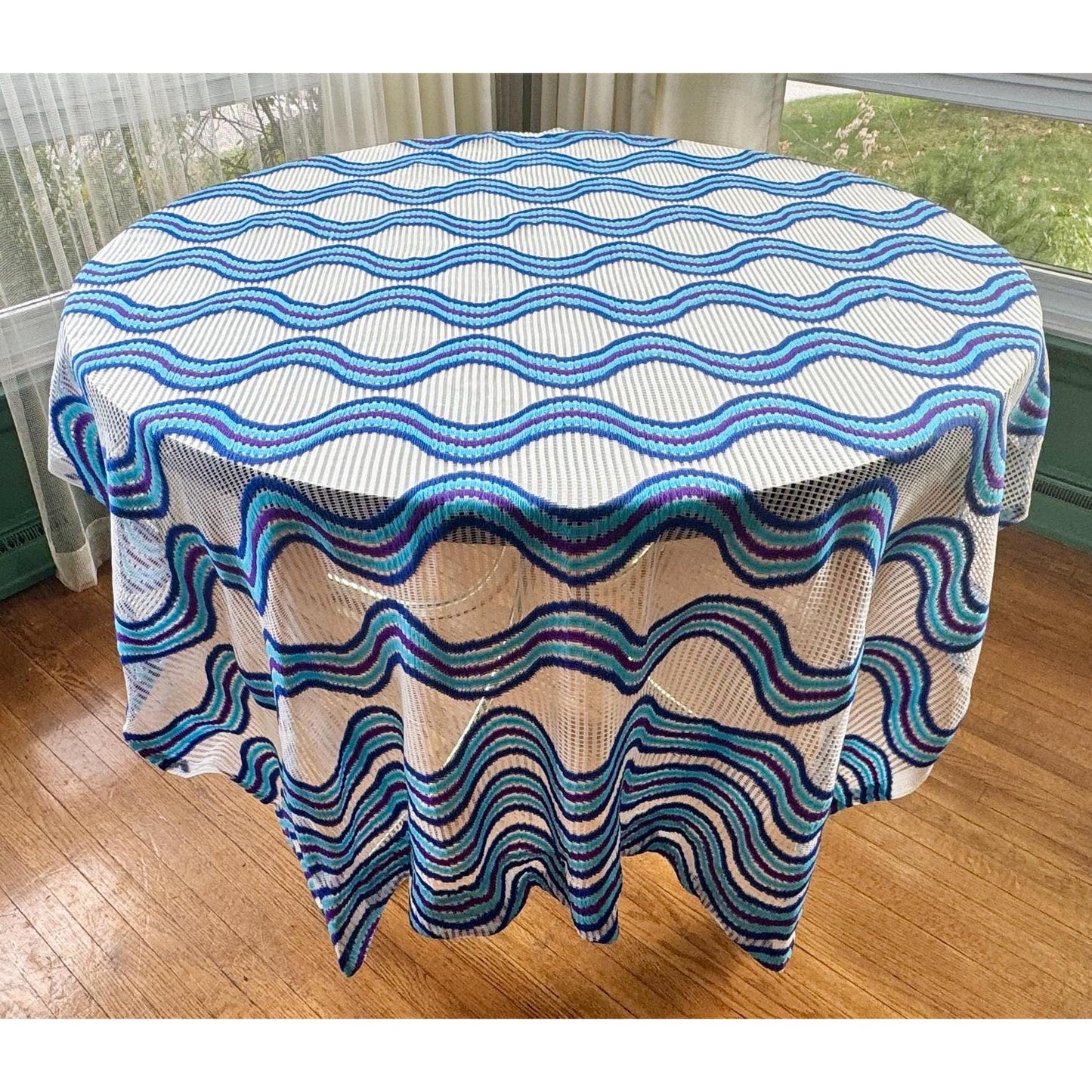 Vintage 70s curtain, blue, purple, white groovy pattern