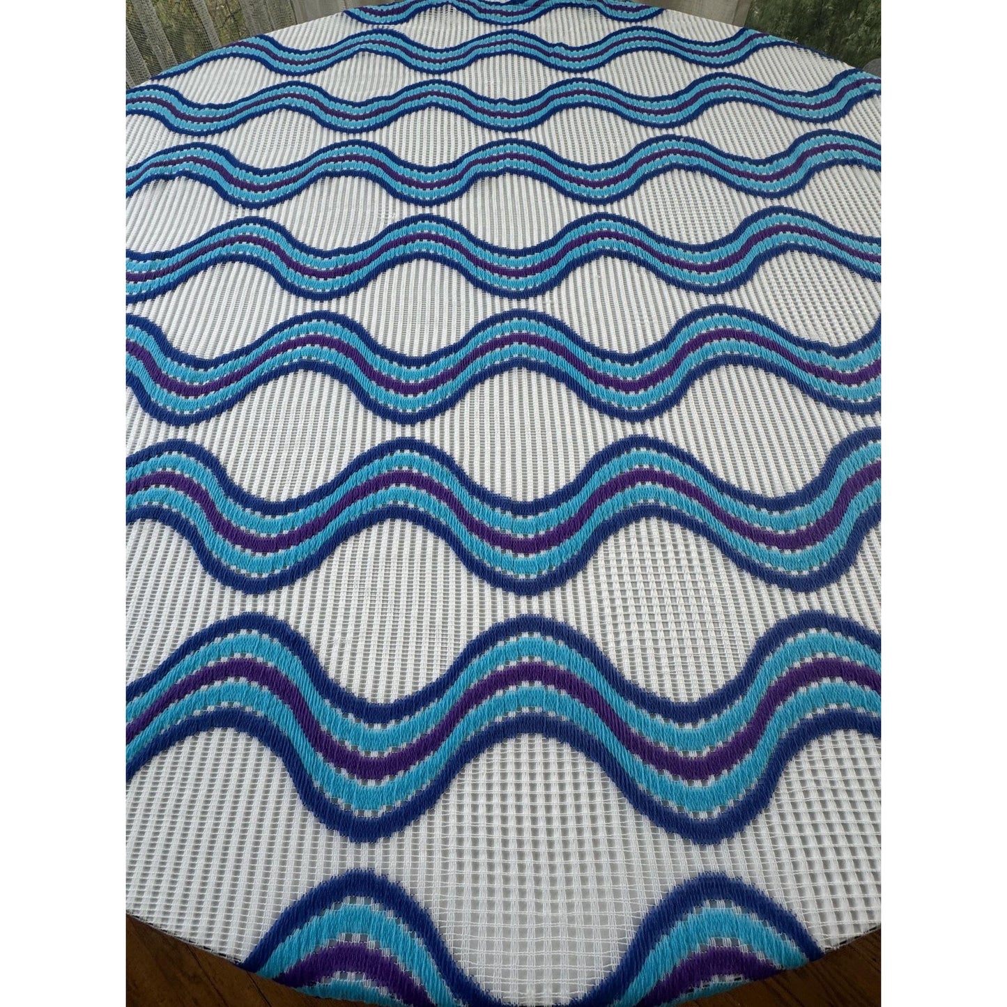 Vintage 70s curtain, blue, purple, white groovy pattern