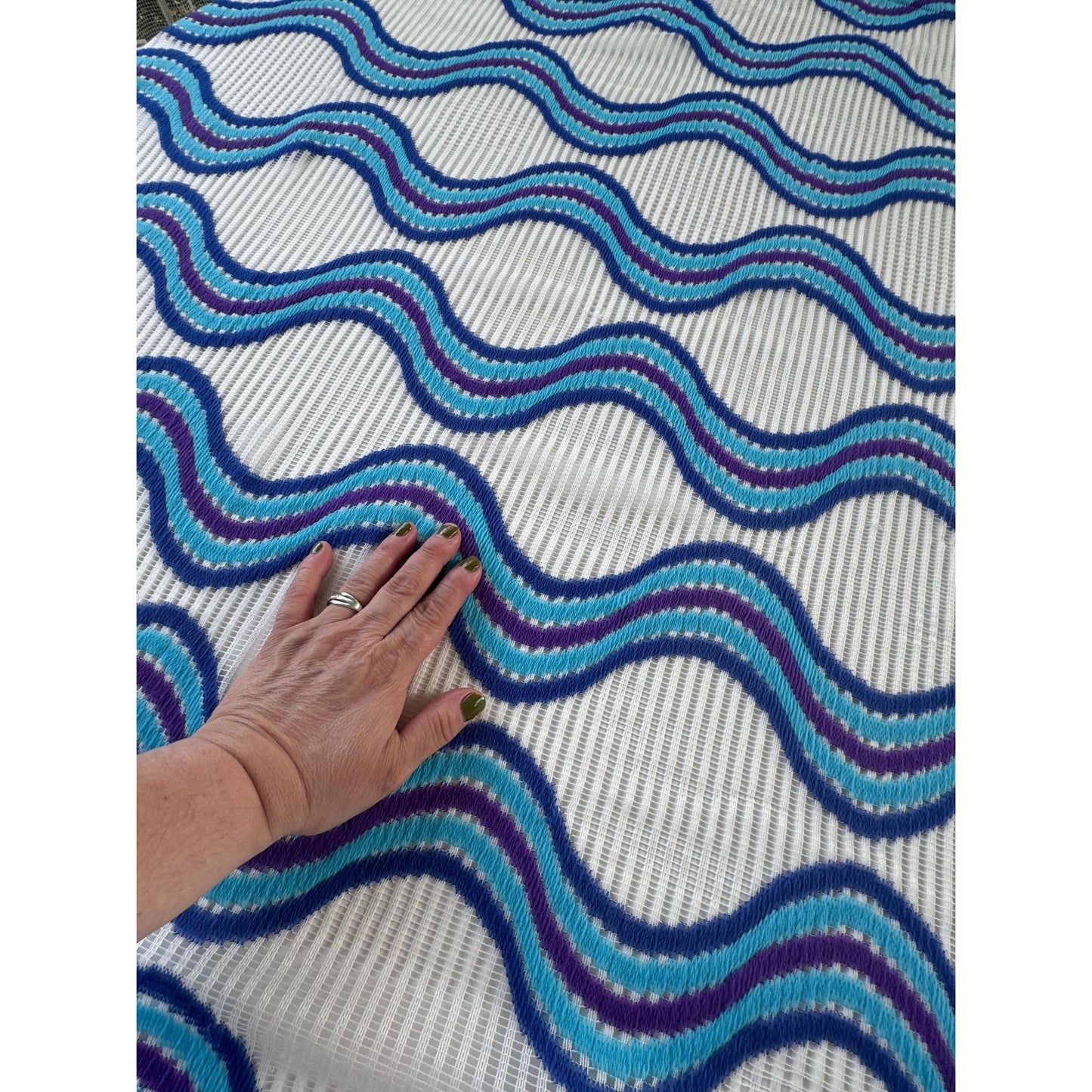 Vintage 70s curtain, blue, purple, white groovy pattern