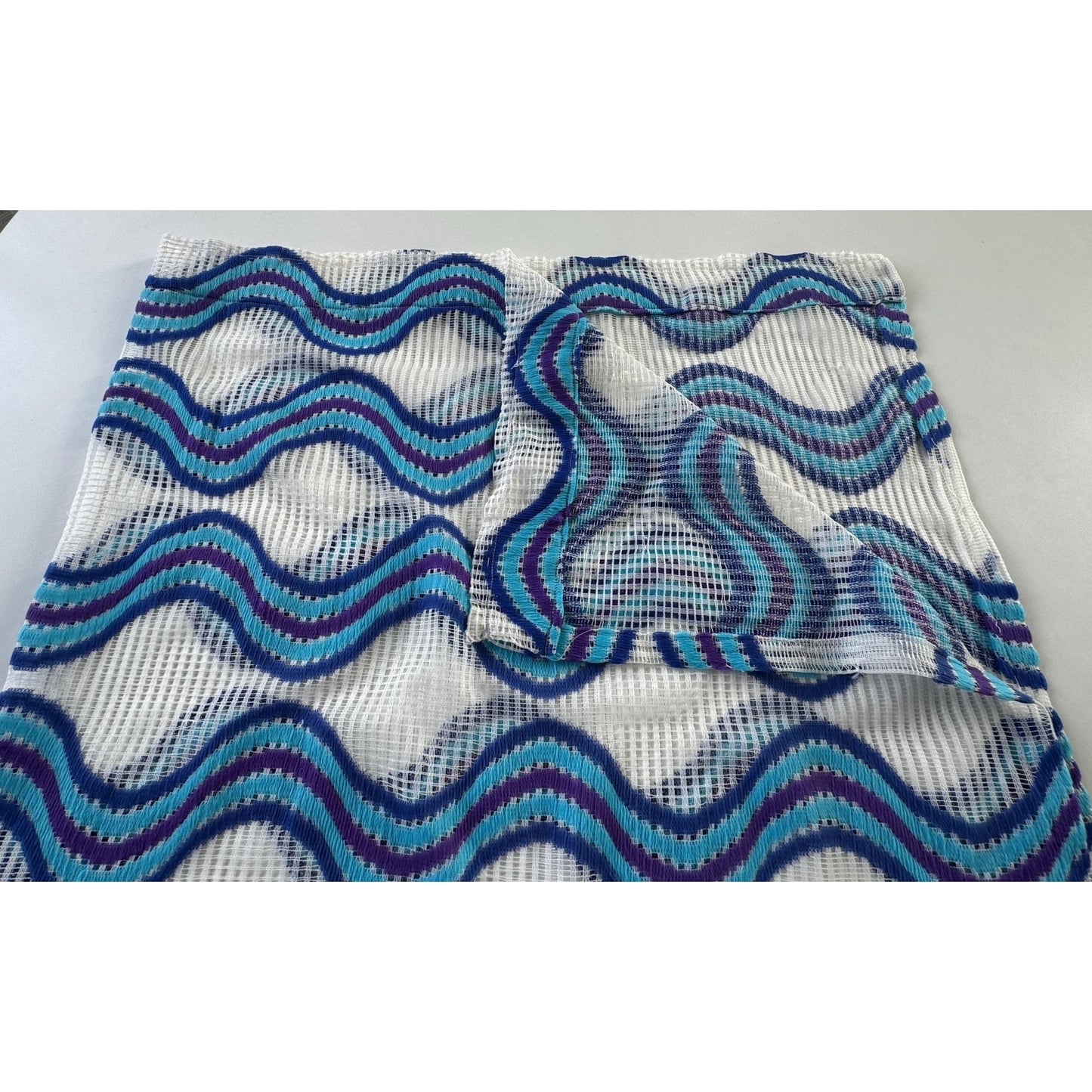 Vintage 70s curtain, blue, purple, white groovy pattern