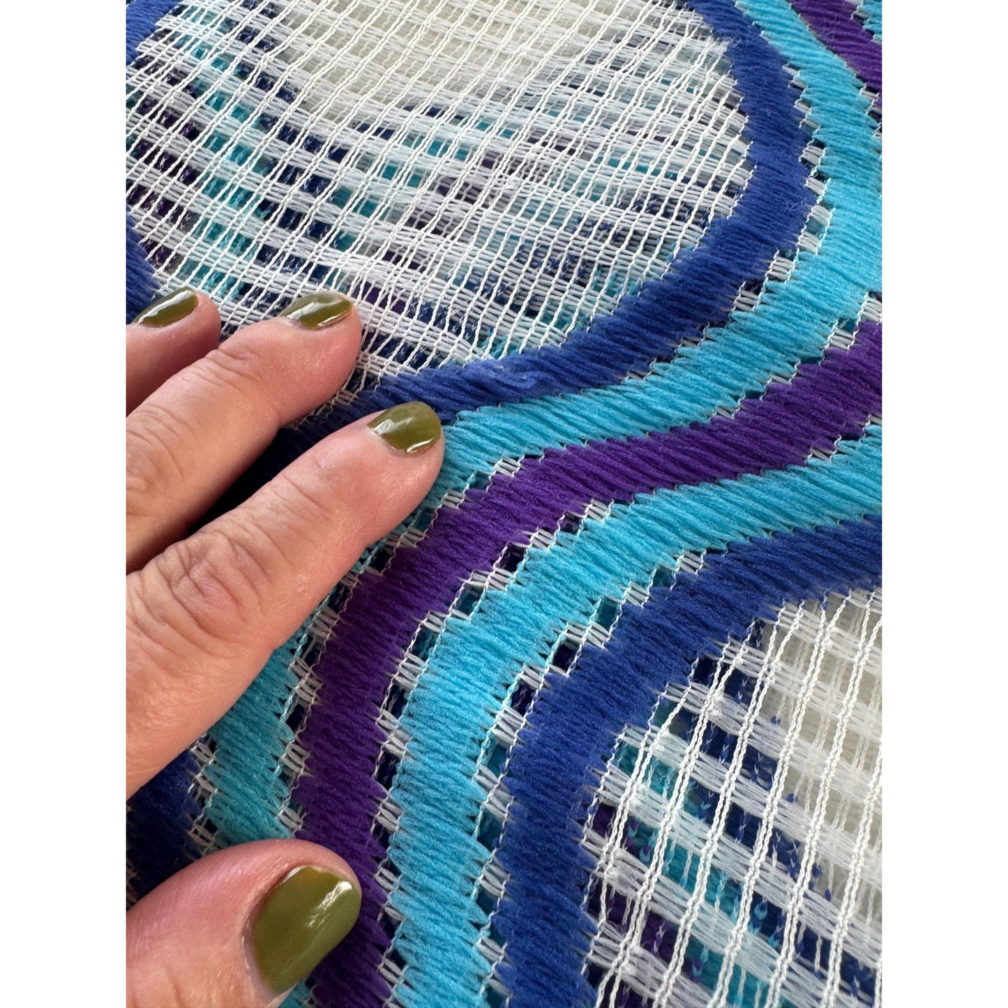 Vintage 70s curtain, blue, purple, white groovy pattern