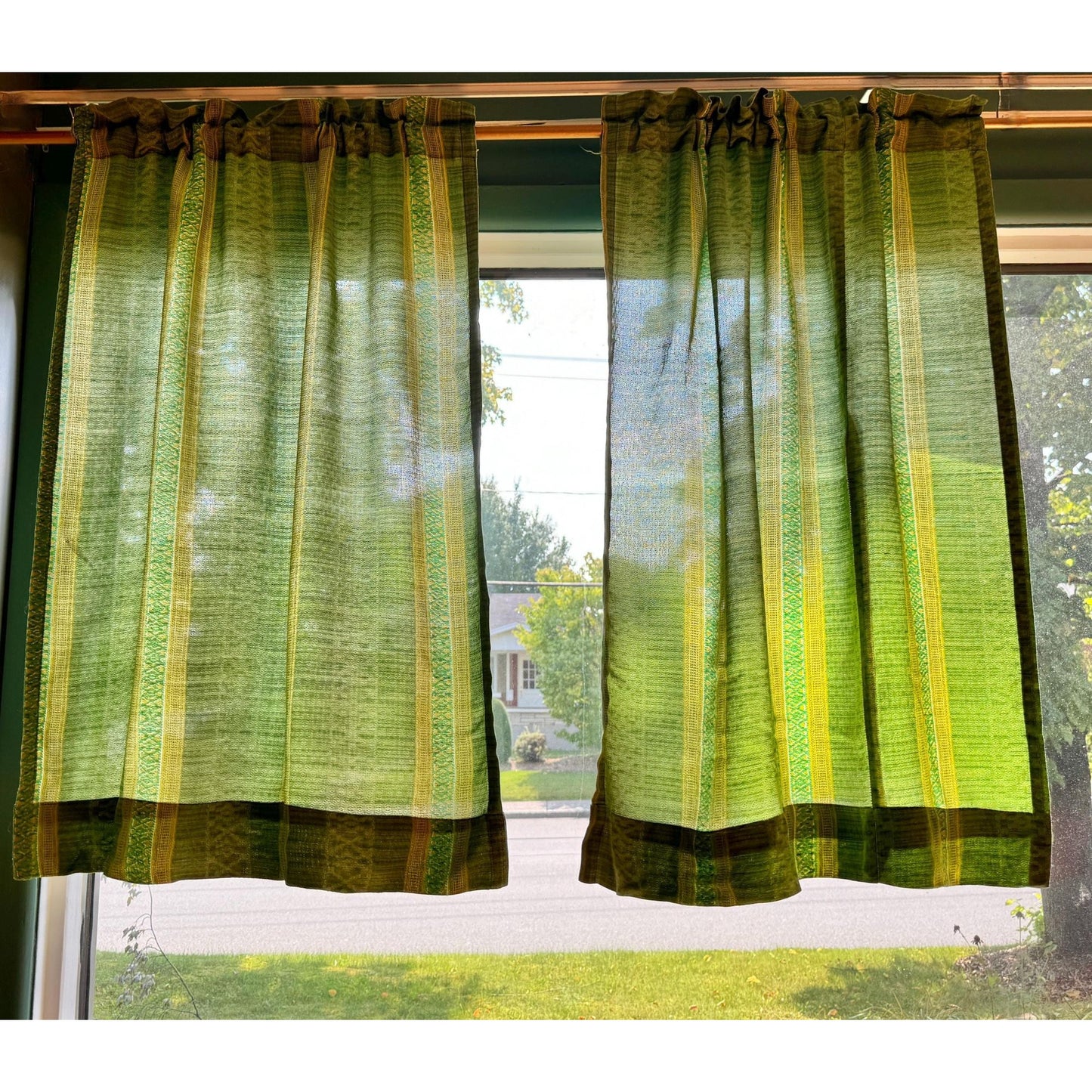 Vintage 70s curtain, striped avocado and lime green panel