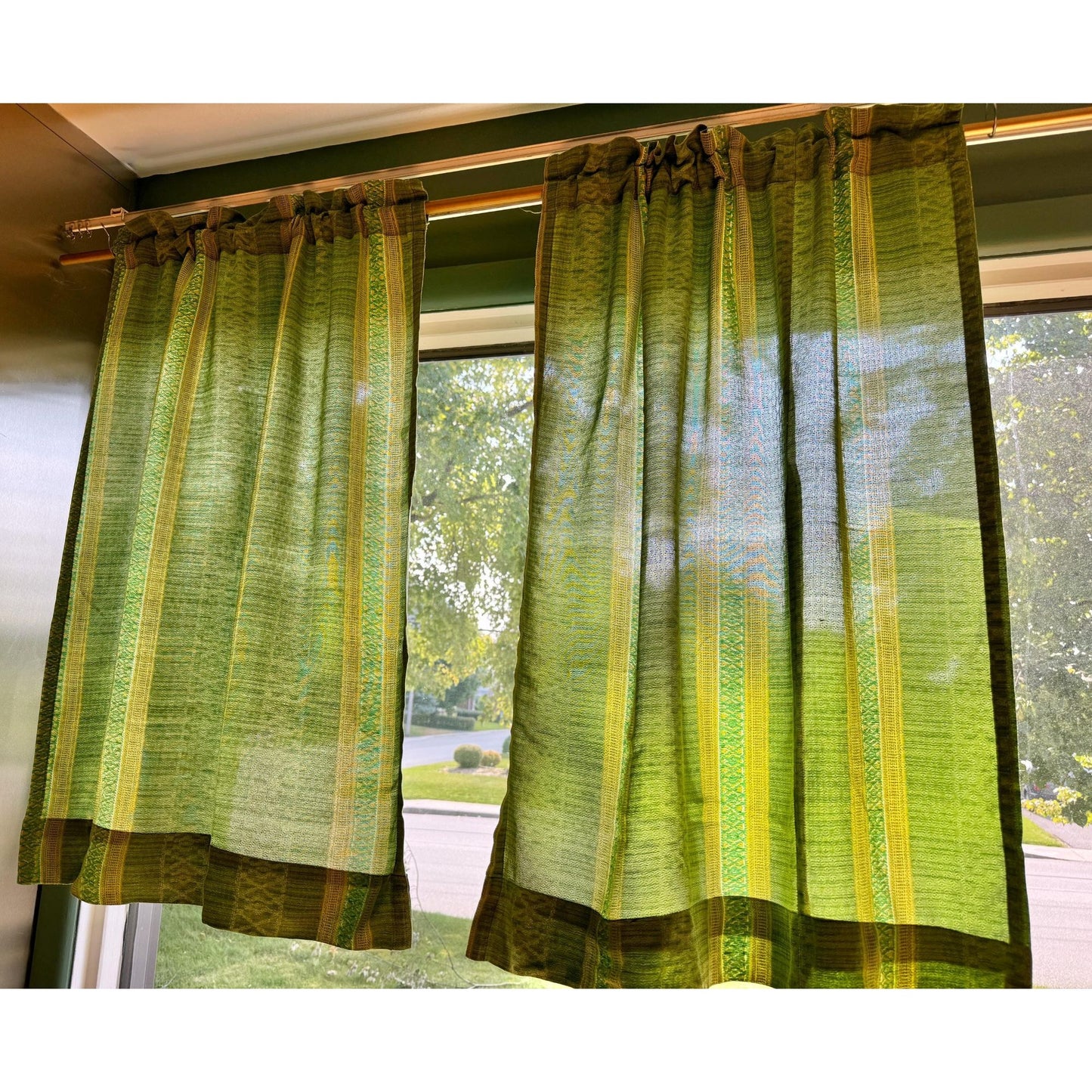 Vintage 70s curtain, striped avocado and lime green panel