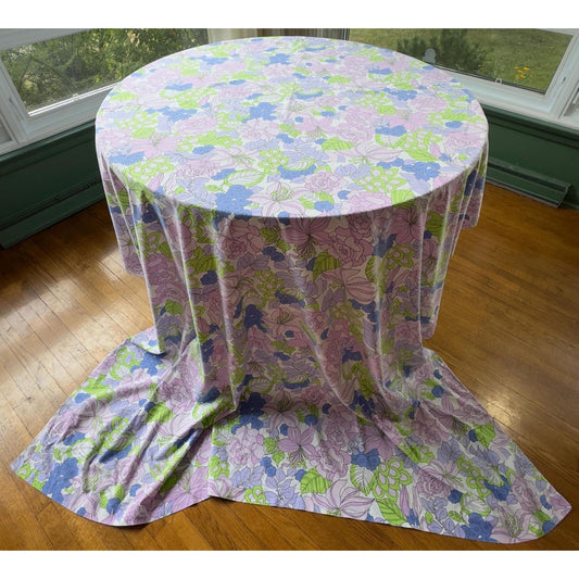 Vintage 1970s flat/top sheet,  blue, purple, green floral, twin size bed, Wabasso *MENDED*