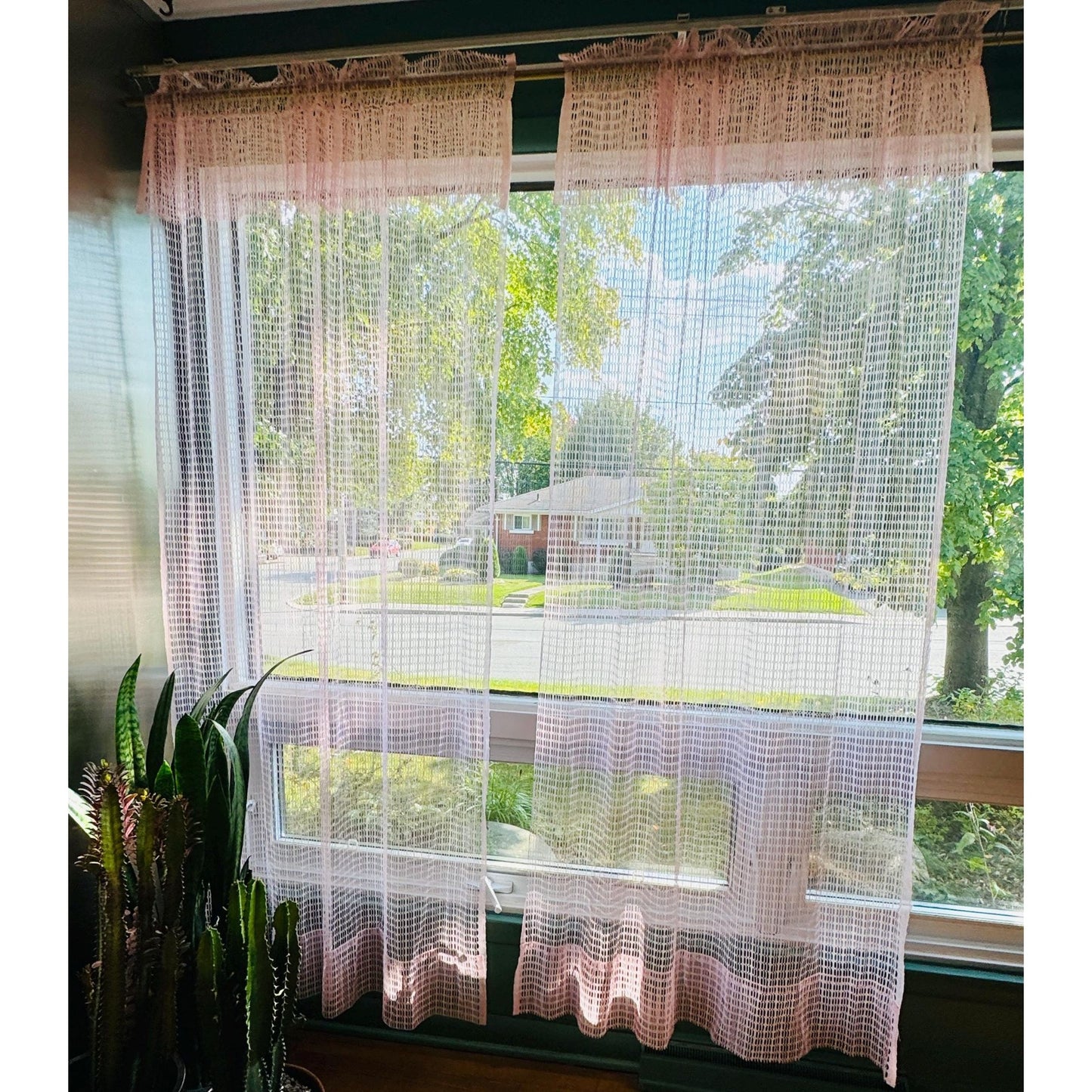 Vintage 70s curtain, pink wide mesh panel, top ruffle