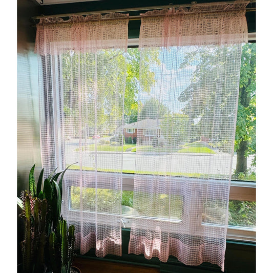 Vintage 70s curtain, pink wide mesh panel, top ruffle