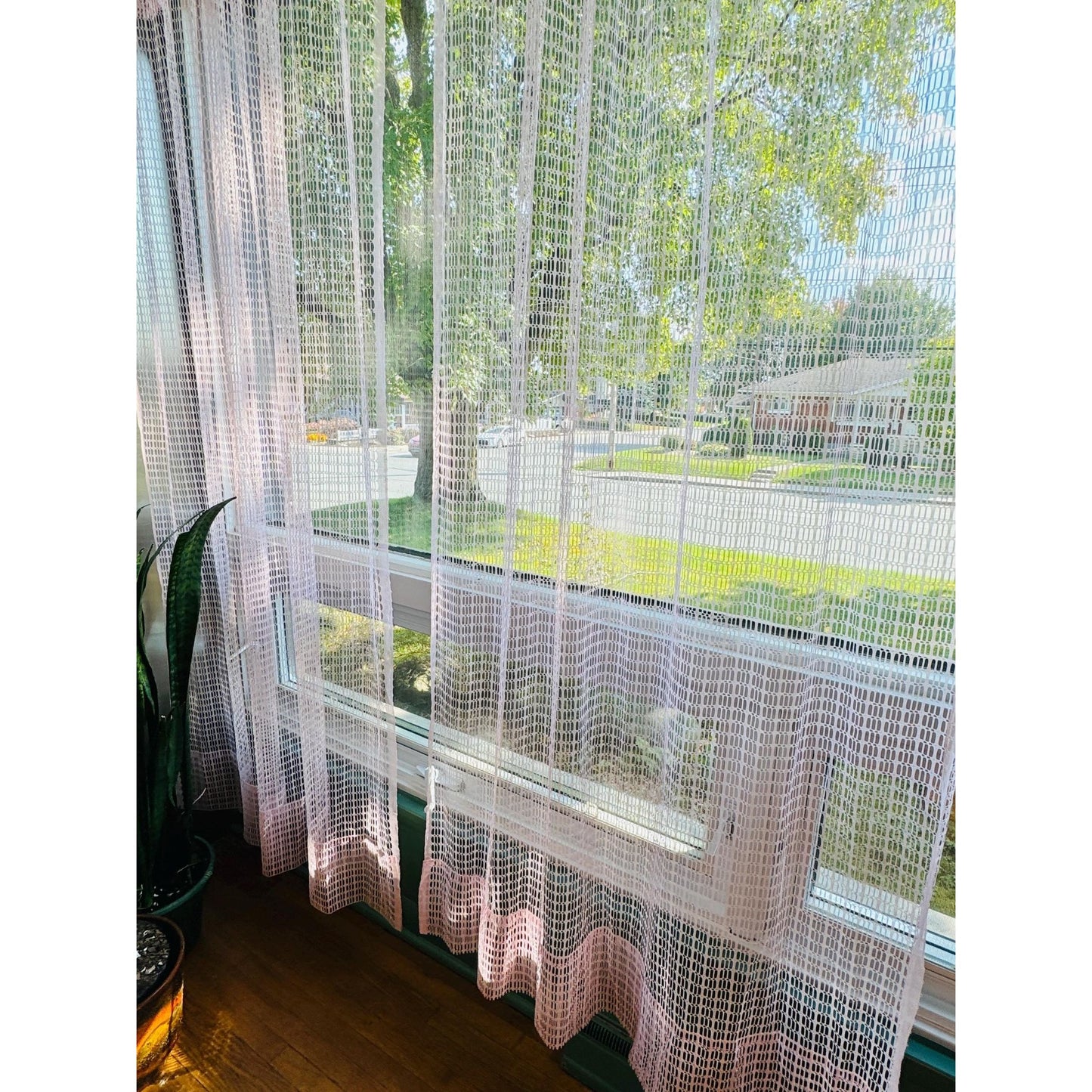 Vintage 70s curtain, pink wide mesh panel, top ruffle