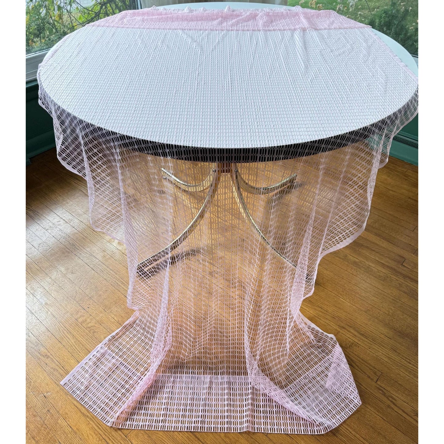 Vintage 70s curtain, pink wide mesh panel, top ruffle