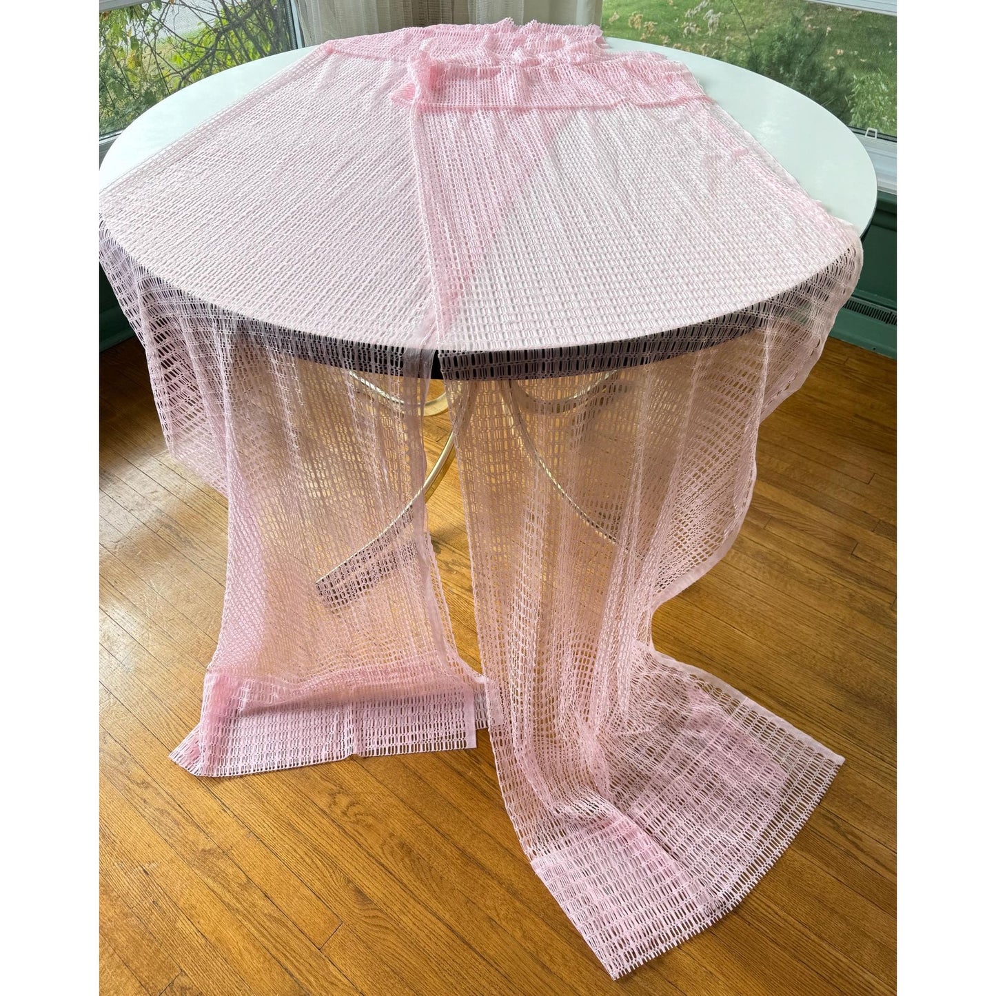 Vintage 70s curtain, pink wide mesh panel, top ruffle