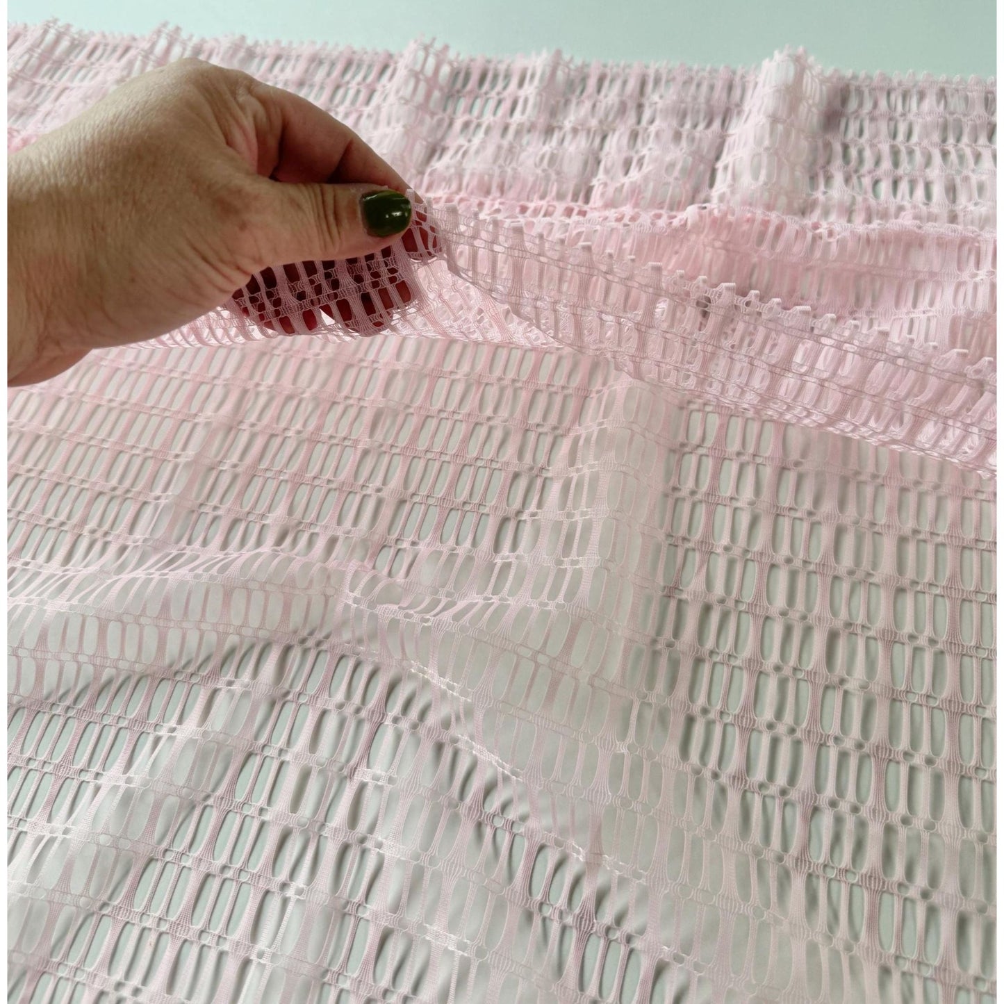 Vintage 70s curtain, pink wide mesh panel, top ruffle