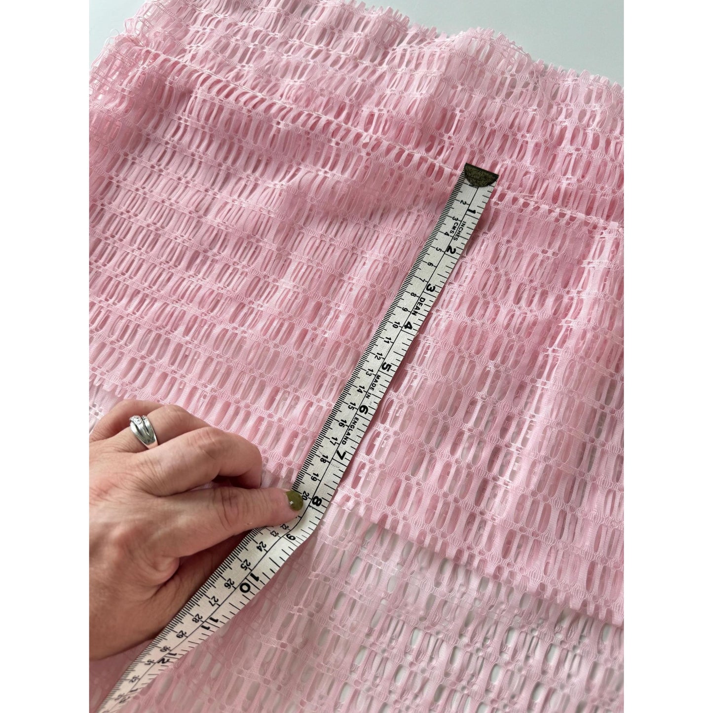 Vintage 70s curtain, pink wide mesh panel, top ruffle