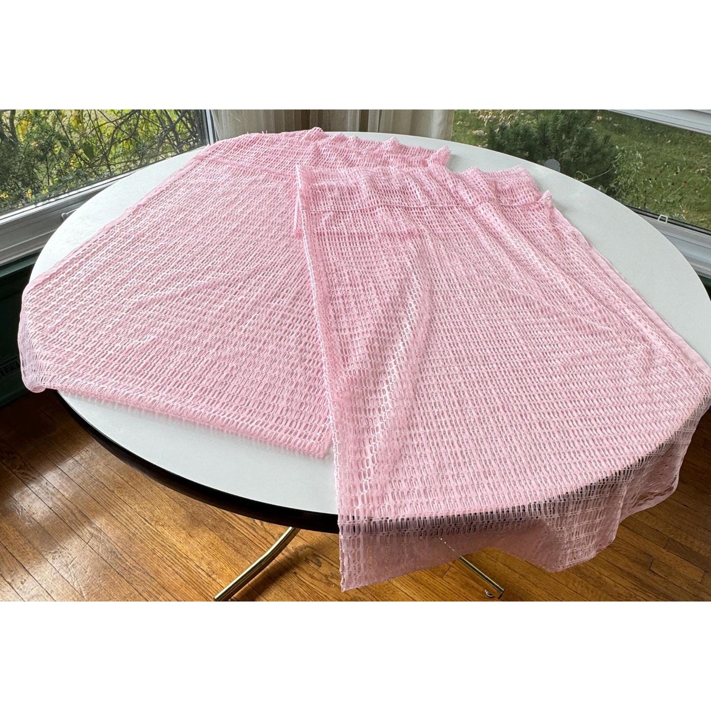 Vintage 70s curtain, pink wide mesh panel, top ruffle