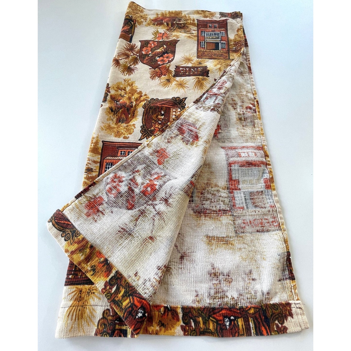 Vintage 70s curtain, brown and orange old fashion print