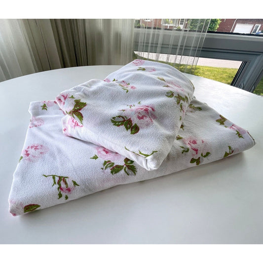 Vintage 60s flannel bedsheets set, pink roses, full size, top and bottom sheets, TexMade