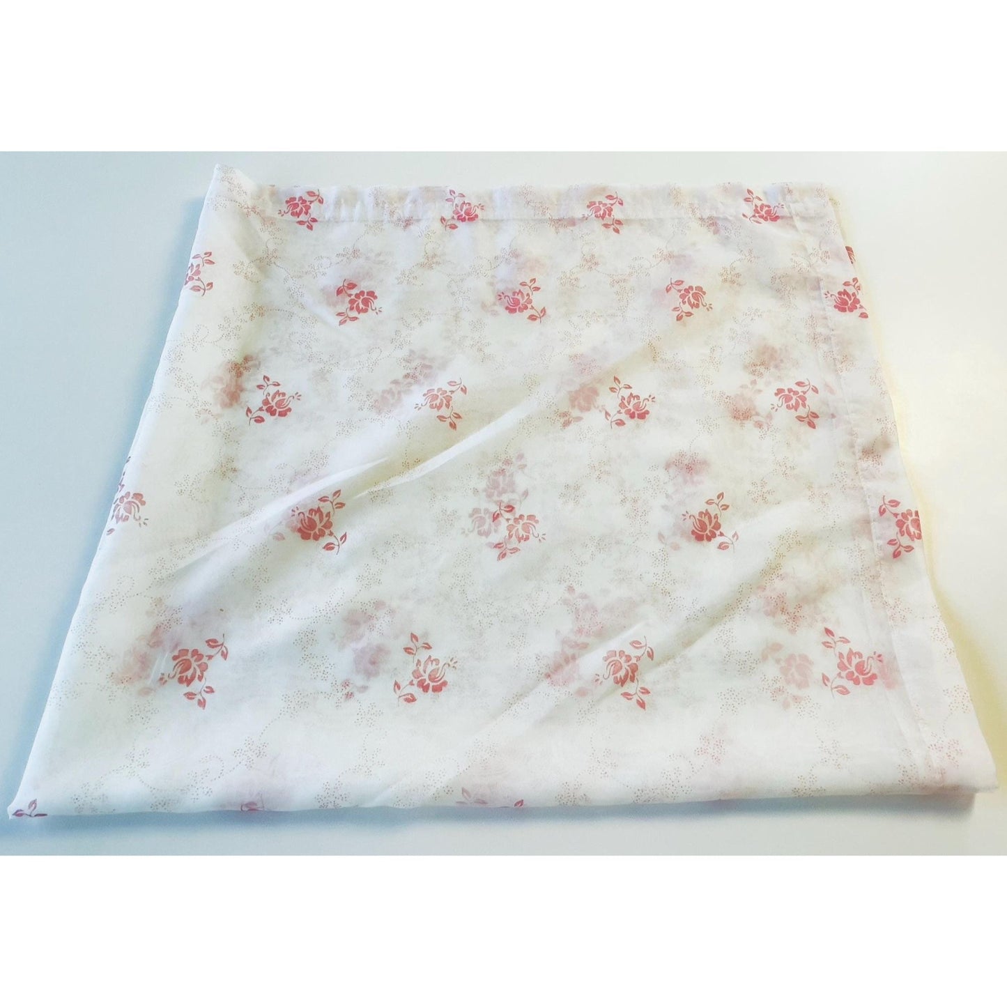 Vintage 70s curtain, pink bouquet, tan flowers, white background, sheer panel