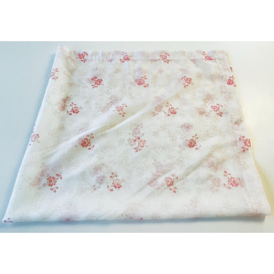 Vintage 70s curtain, pink bouquet, tan flowers, white background, sheer panel