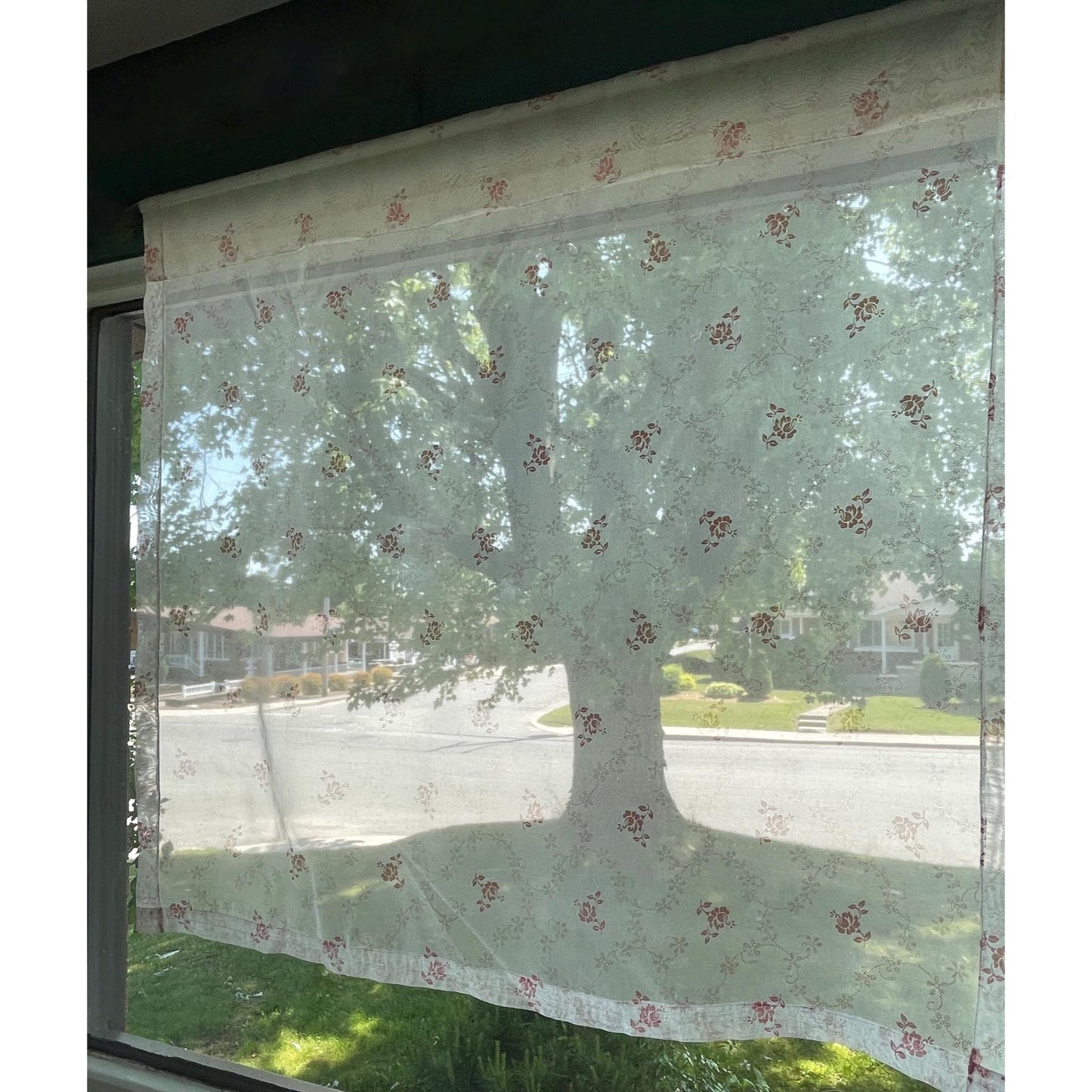 Vintage 70s curtain, pink bouquet, tan flowers, white background, sheer panel