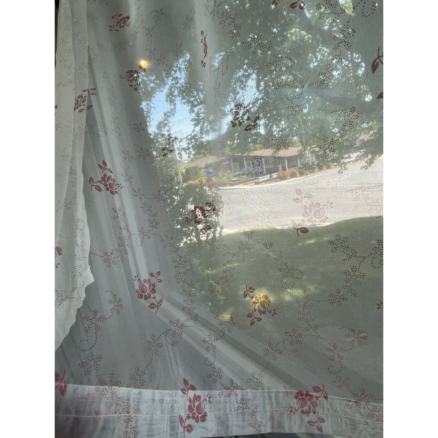 Vintage 70s curtain, pink bouquet, tan flowers, white background, sheer panel