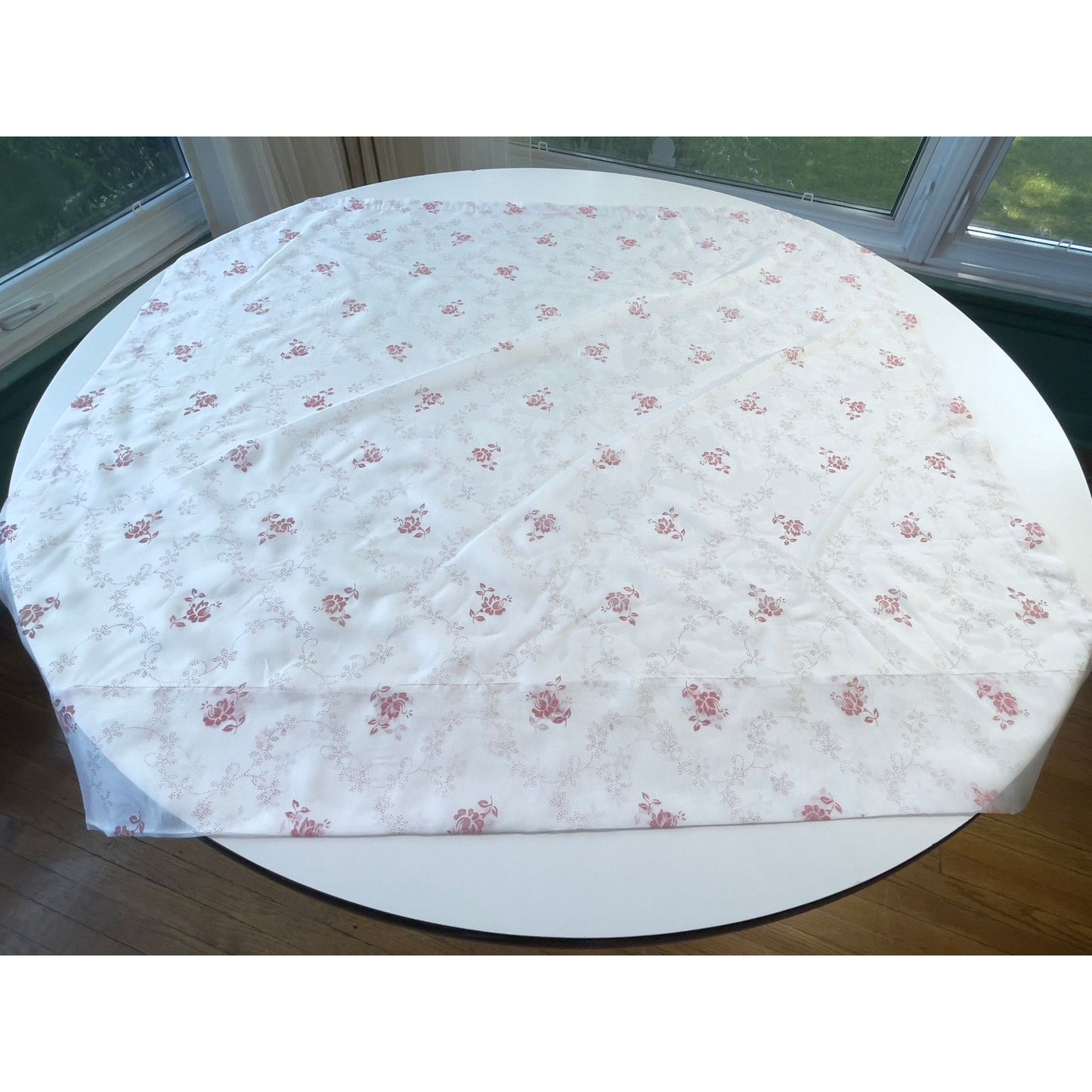 Vintage 70s curtain, pink bouquet, tan flowers, white background, sheer panel