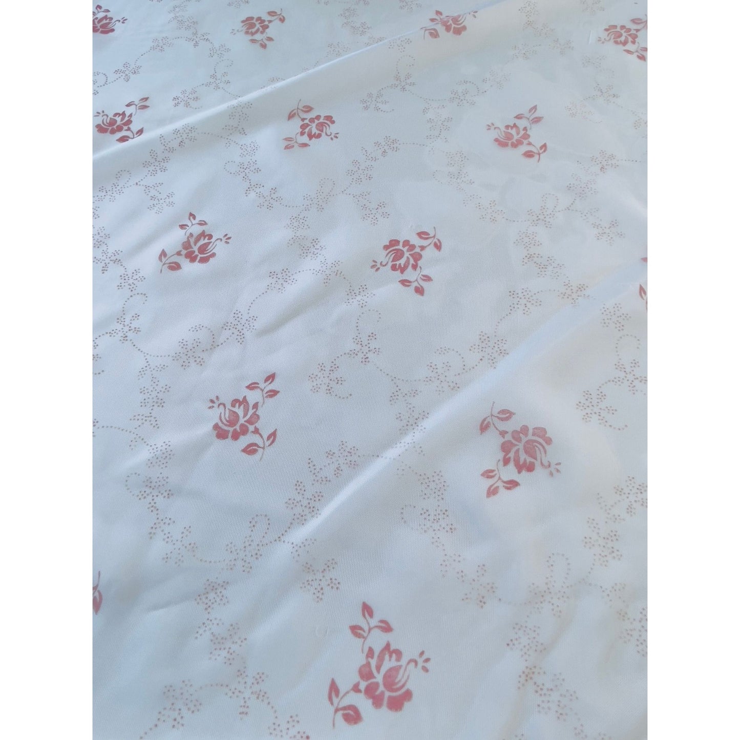 Vintage 70s curtain, pink bouquet, tan flowers, white background, sheer panel