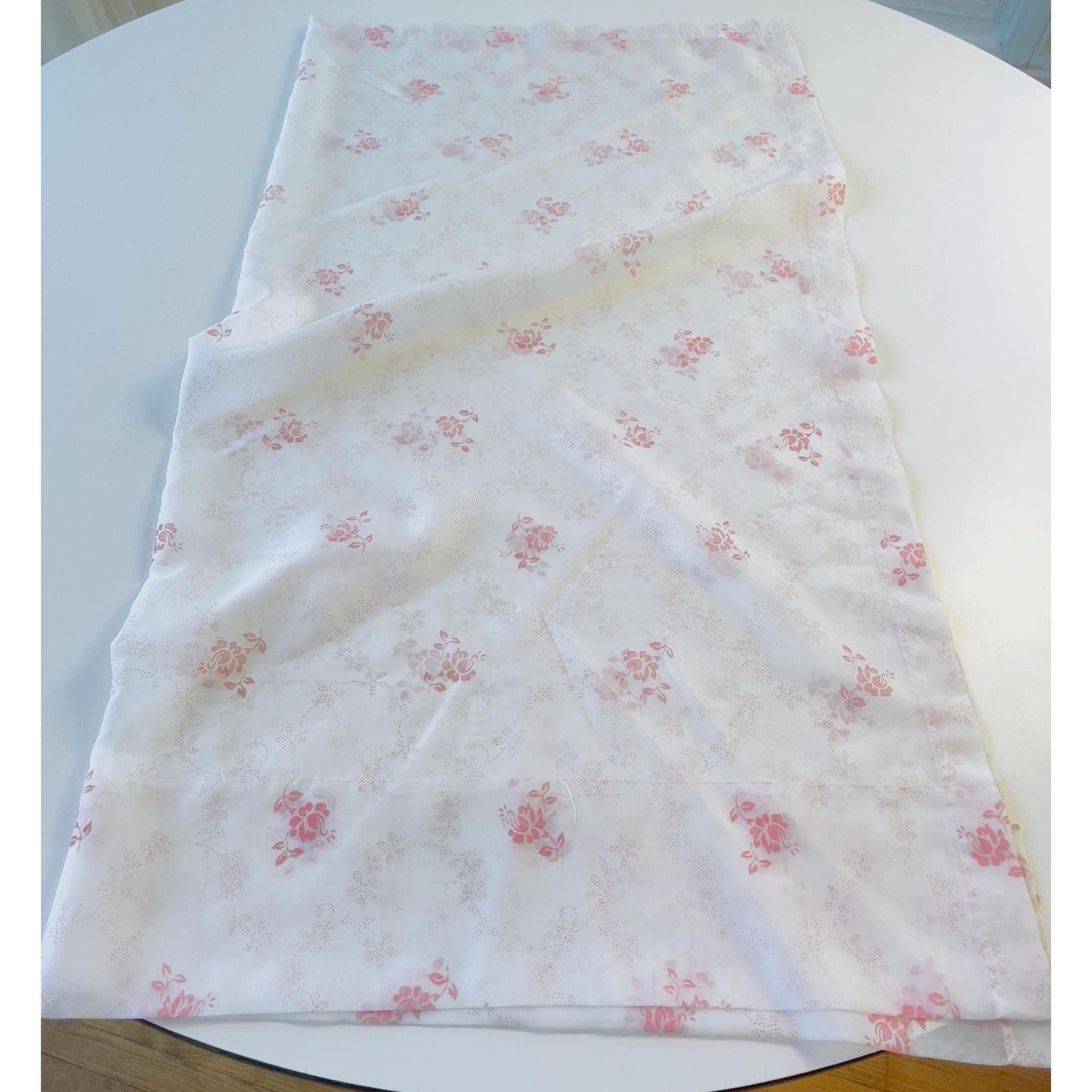 Vintage 70s curtain, pink bouquet, tan flowers, white background, sheer panel