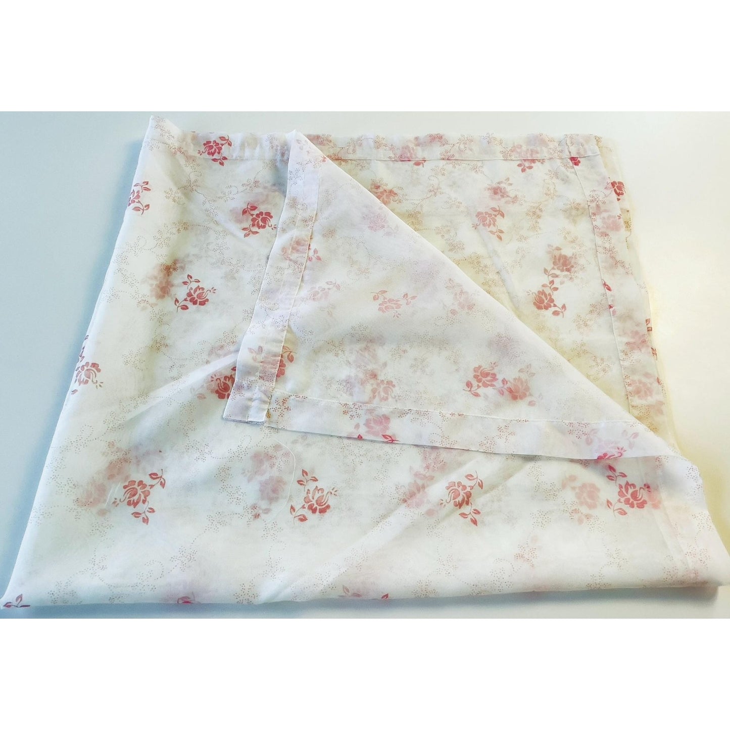 Vintage 70s curtain, pink bouquet, tan flowers, white background, sheer panel