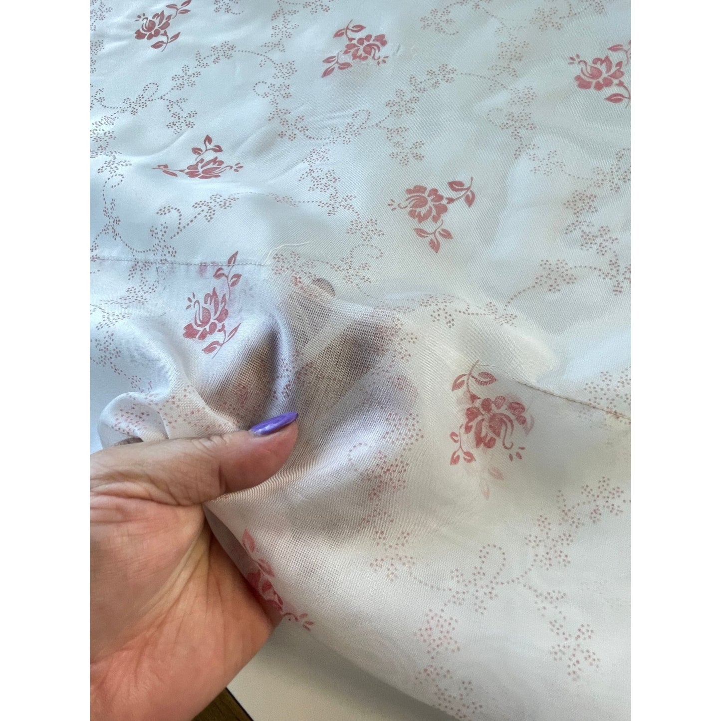 Vintage 70s curtain, pink bouquet, tan flowers, white background, sheer panel