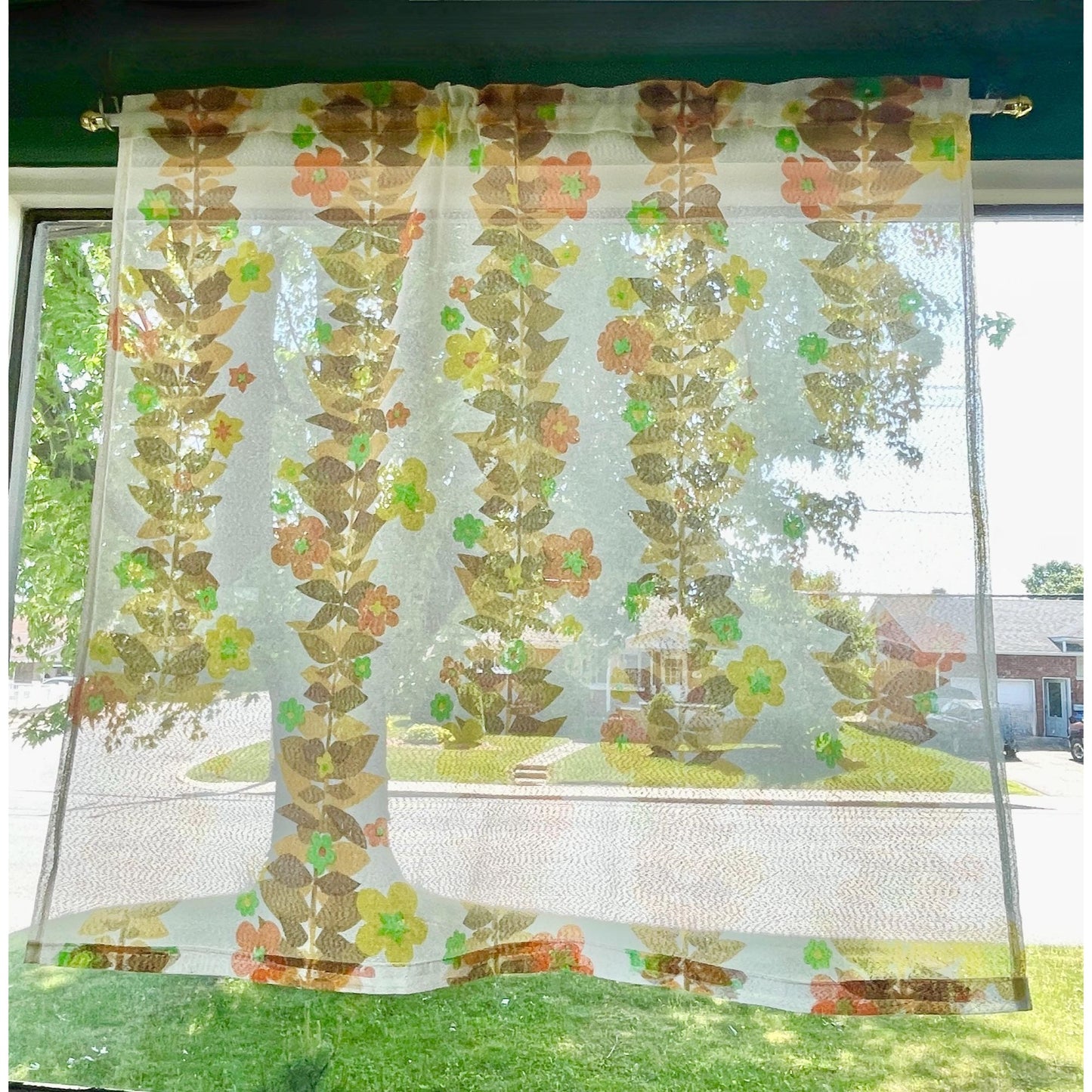 Vintage 60s curtain, orange yellow brown flower panel