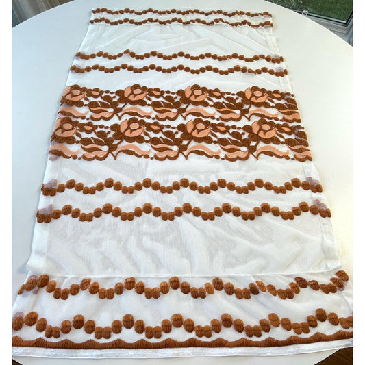Vintage 70s curtain, tan, rust floral & dots embroidered pattern, sheer mesh panel