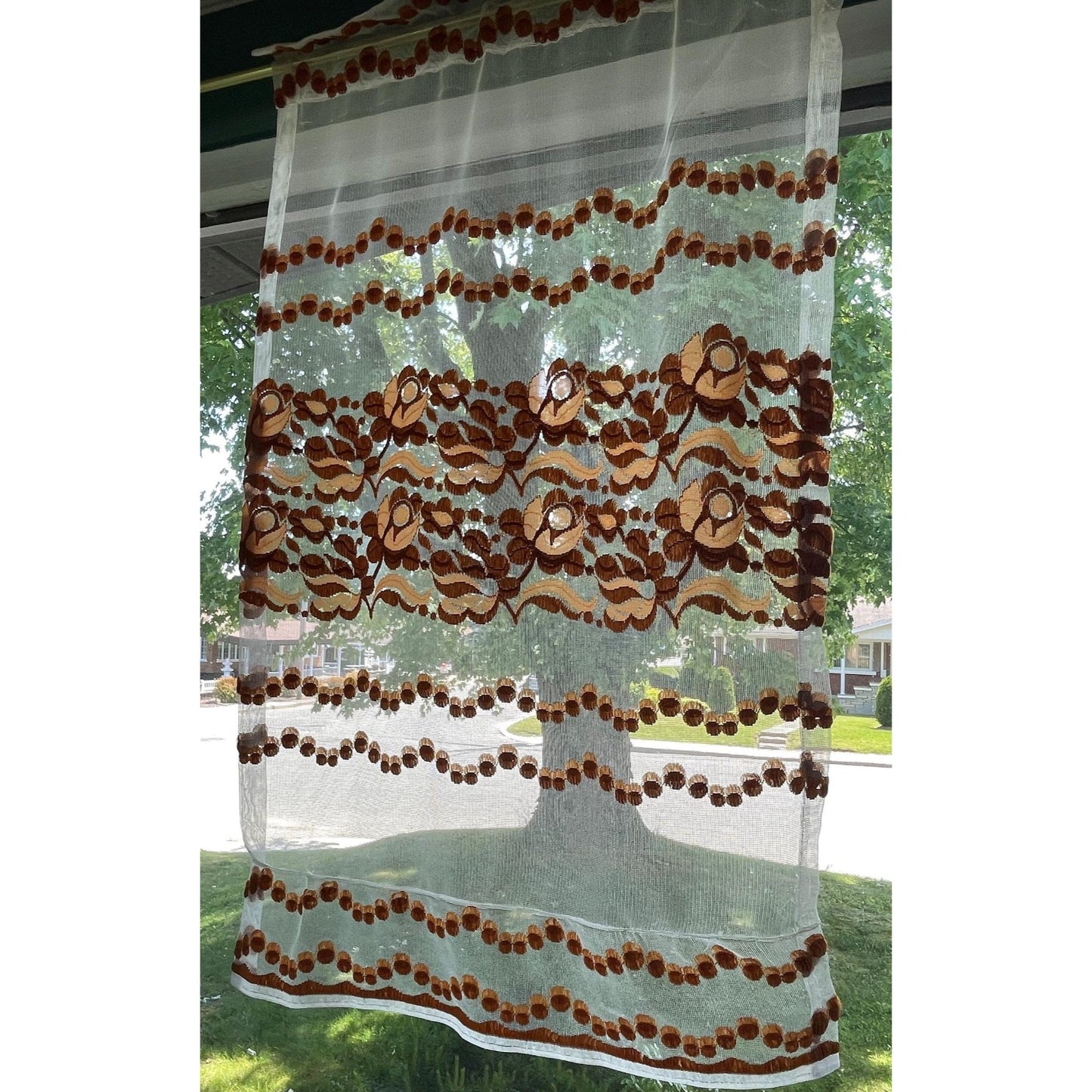 Vintage 70s curtain, tan, rust floral & dots embroidered pattern, sheer mesh panel