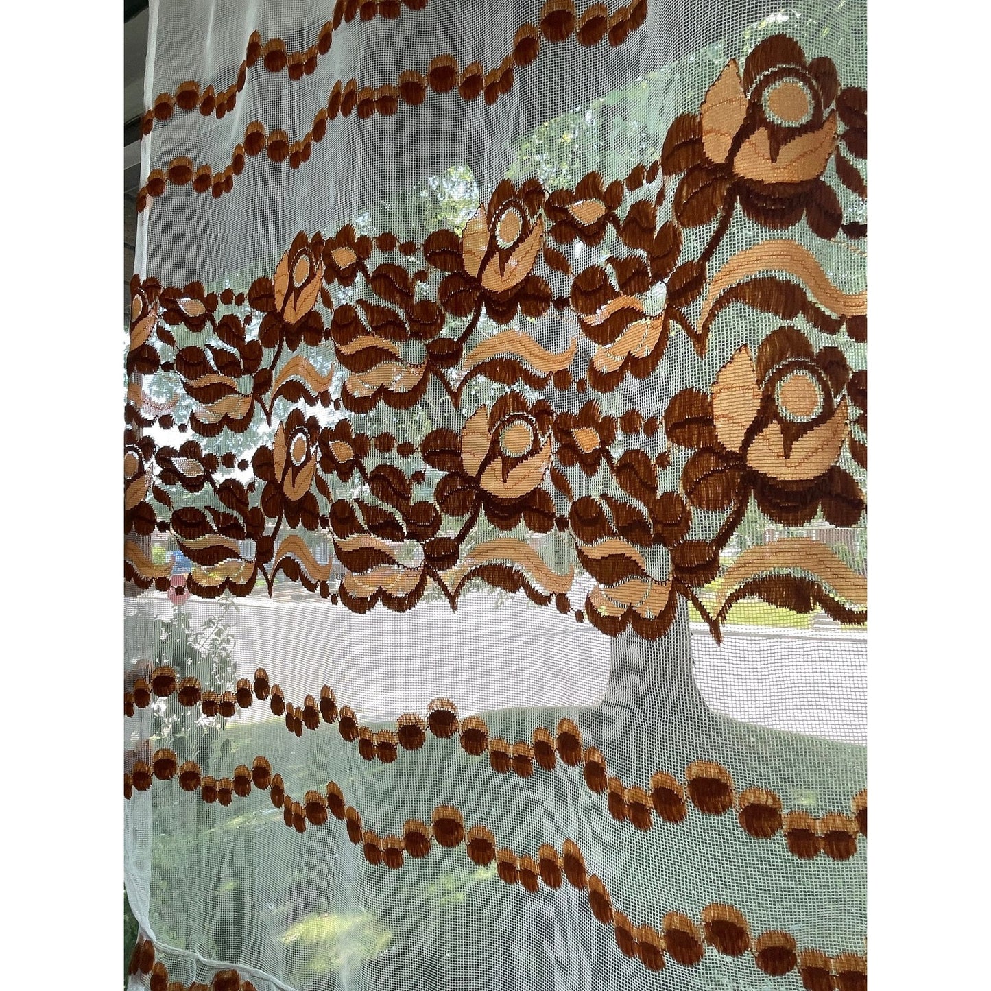 Vintage 70s curtain, tan, rust floral & dots embroidered pattern, sheer mesh panel