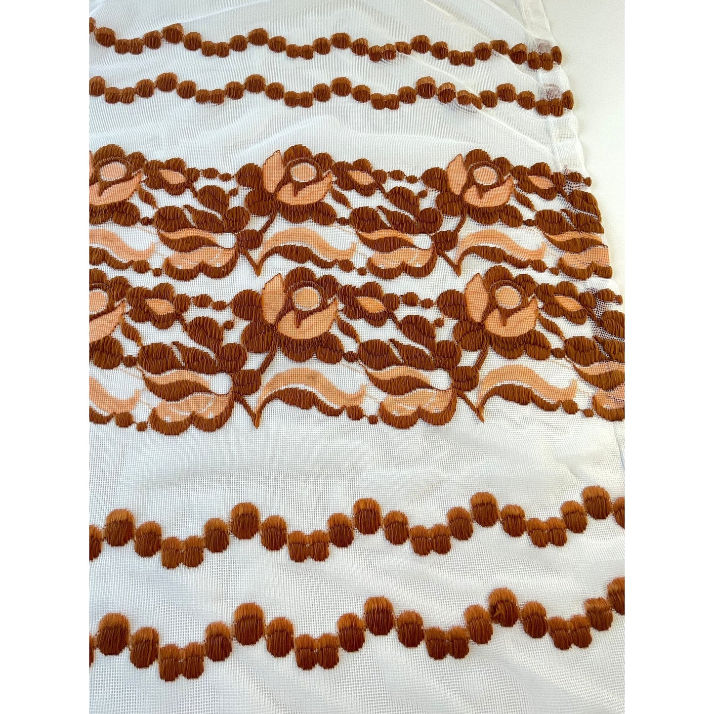 Vintage 70s curtain, tan, rust floral & dots embroidered pattern, sheer mesh panel