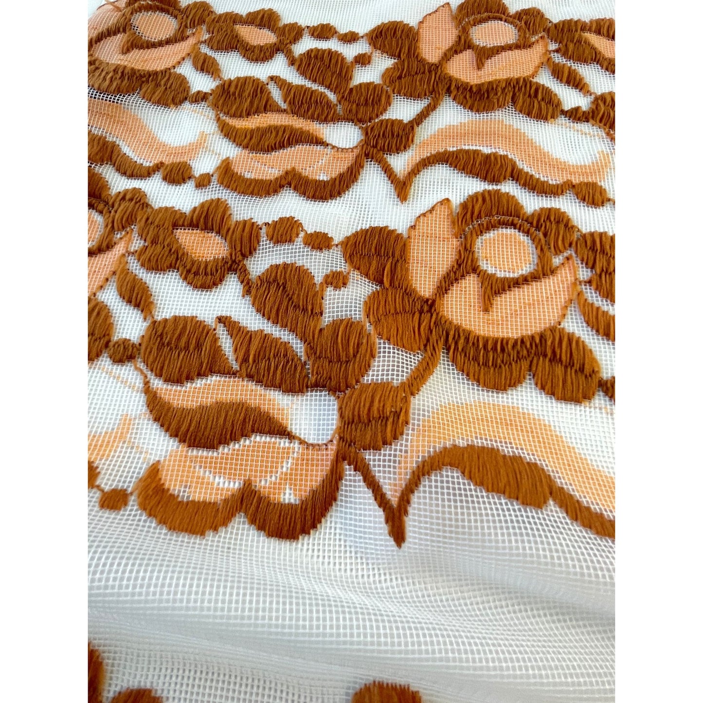 Vintage 70s curtain, tan, rust floral & dots embroidered pattern, sheer mesh panel