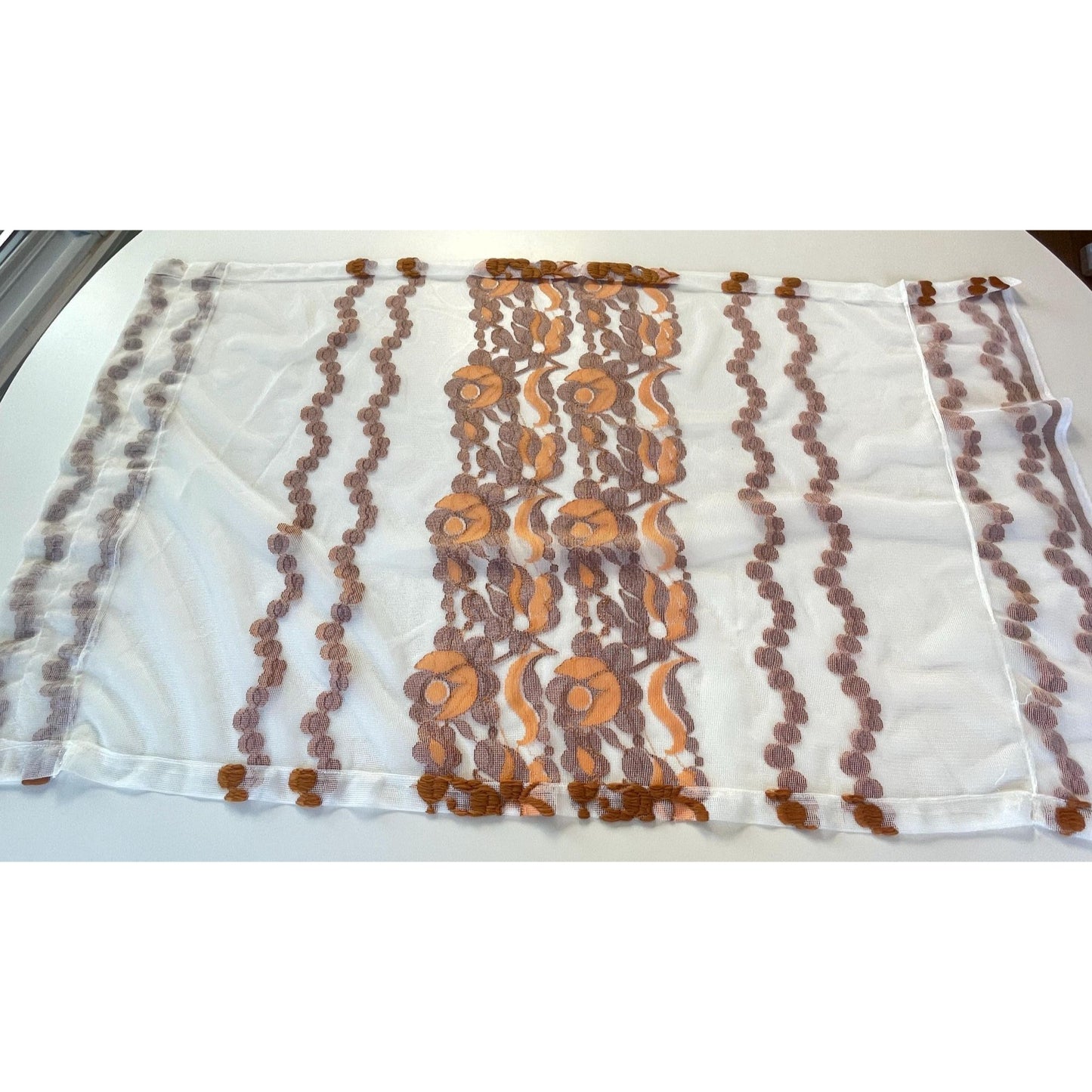 Vintage 70s curtain, tan, rust floral & dots embroidered pattern, sheer mesh panel