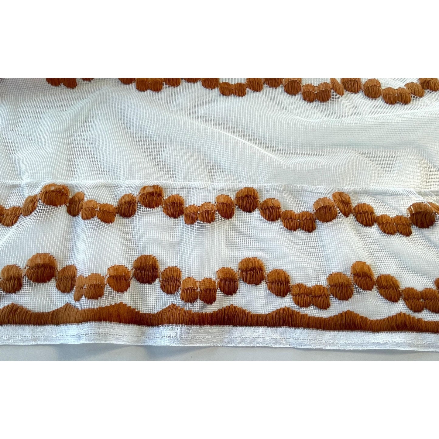 Vintage 70s curtain, tan, rust floral & dots embroidered pattern, sheer mesh panel
