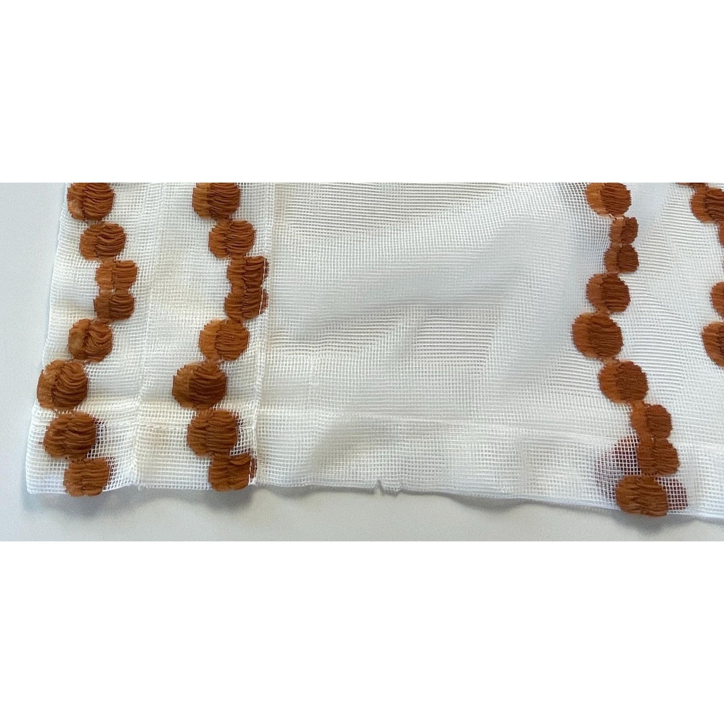 Vintage 70s curtain, tan, rust floral & dots embroidered pattern, sheer mesh panel