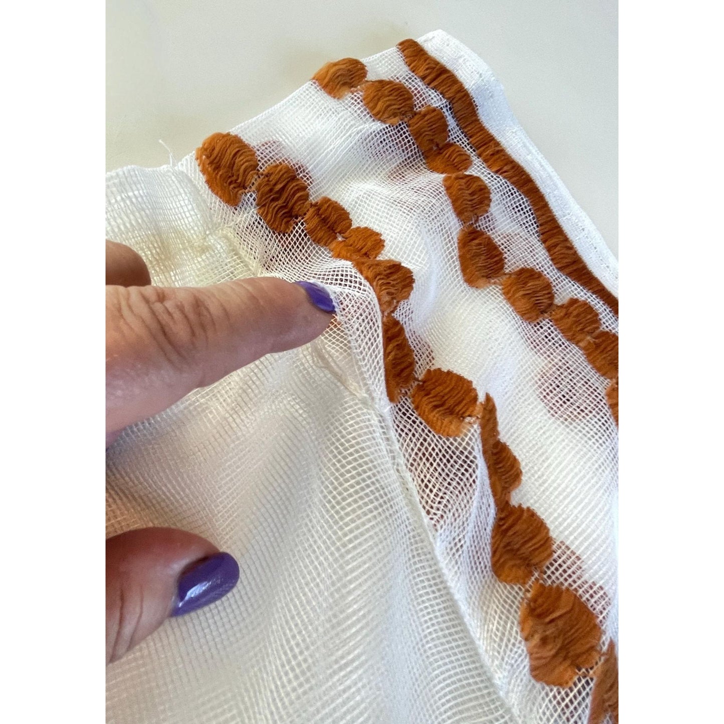 Vintage 70s curtain, tan, rust floral & dots embroidered pattern, sheer mesh panel