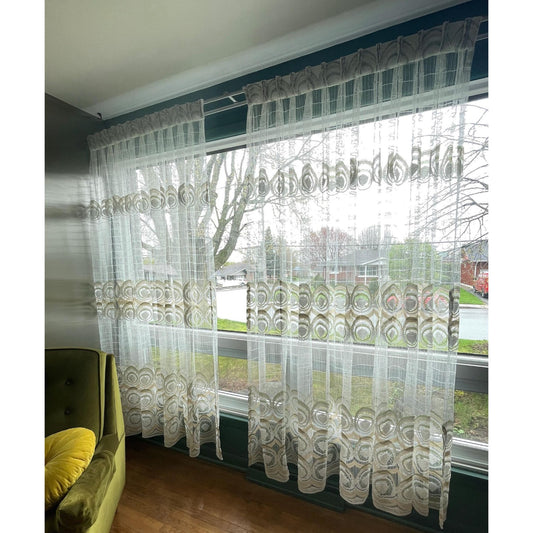 Vintage 70s pleated curtain, white with green and yellow groovy pattern