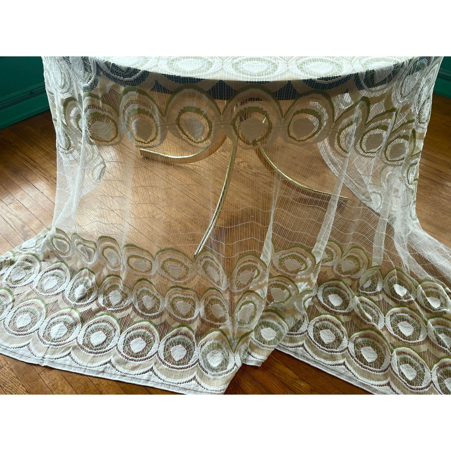 Vintage 70s pleated curtain, white with green and yellow groovy pattern