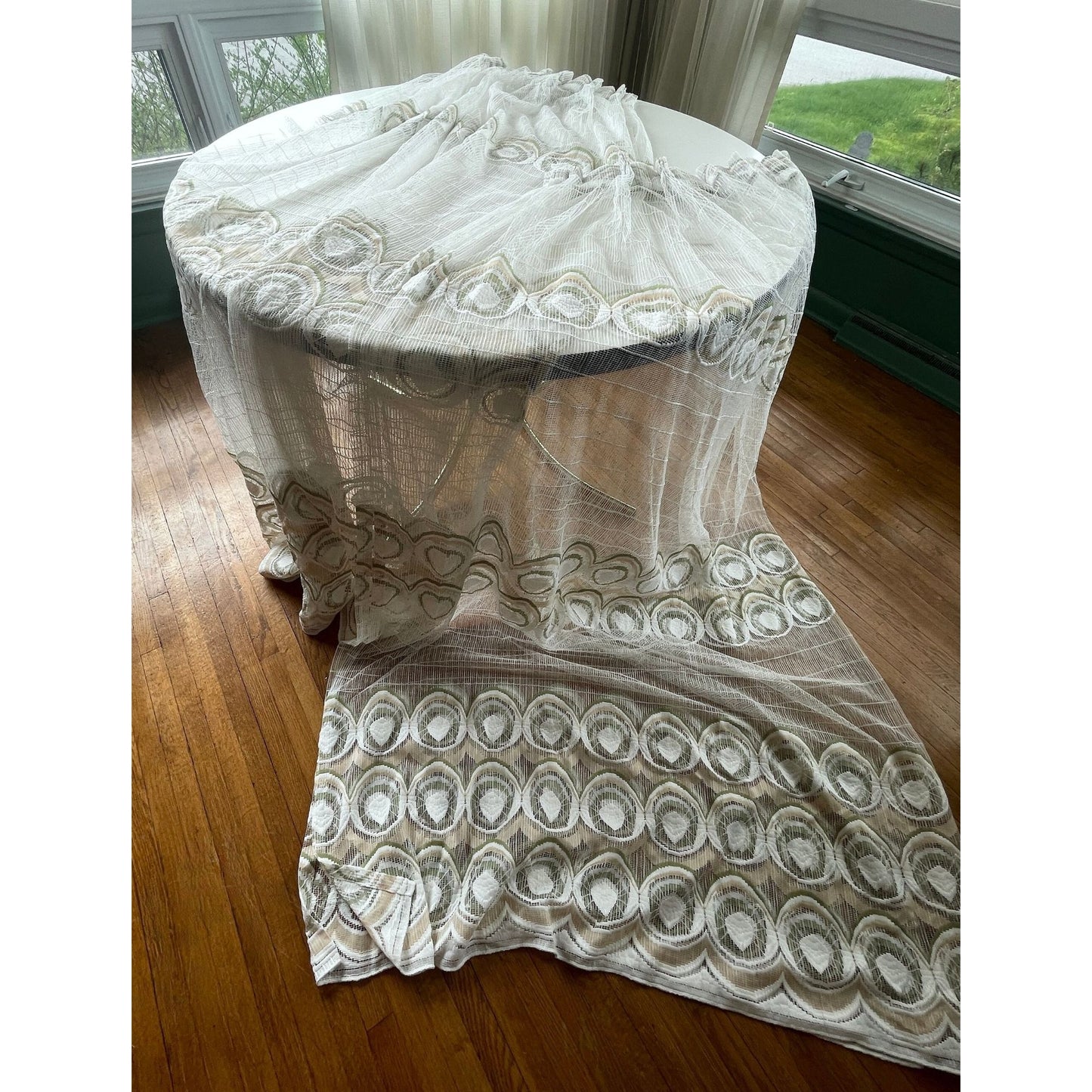Vintage 70s pleated curtain, white with green and yellow groovy pattern