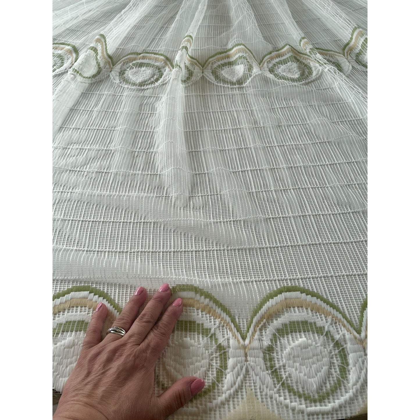 Vintage 70s pleated curtain, white with green and yellow groovy pattern