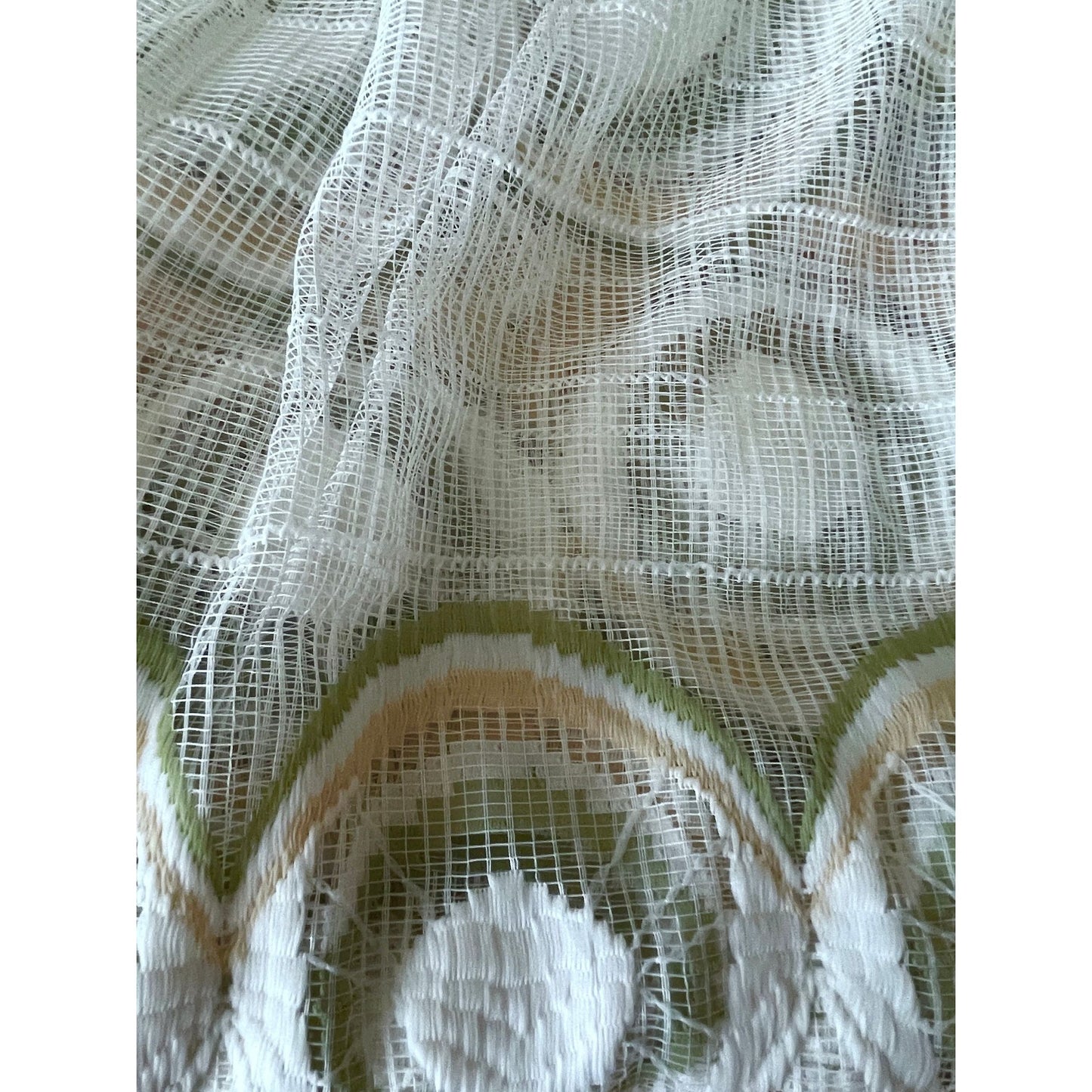 Vintage 70s pleated curtain, white with green and yellow groovy pattern