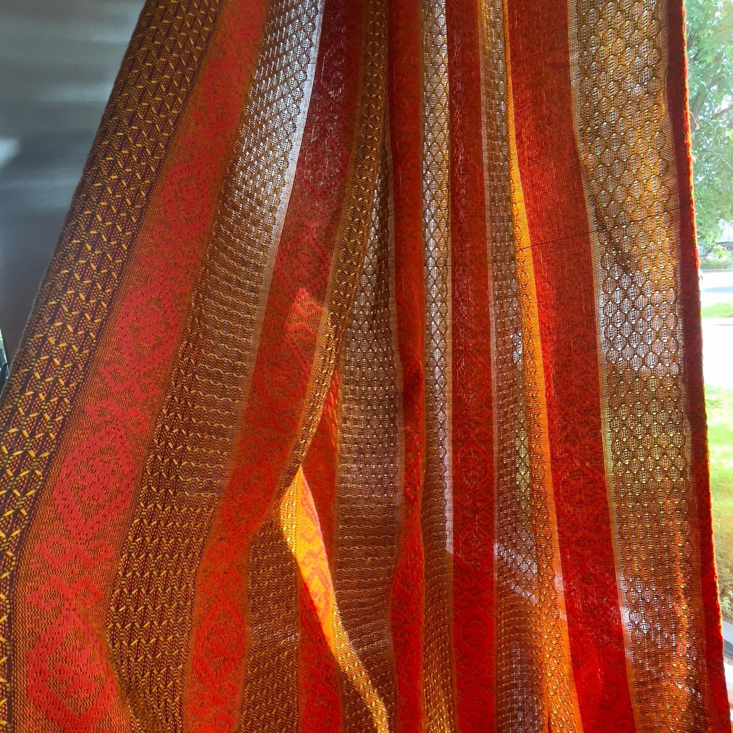 Vintage 1970s pleated curtain, orange, yellow striped