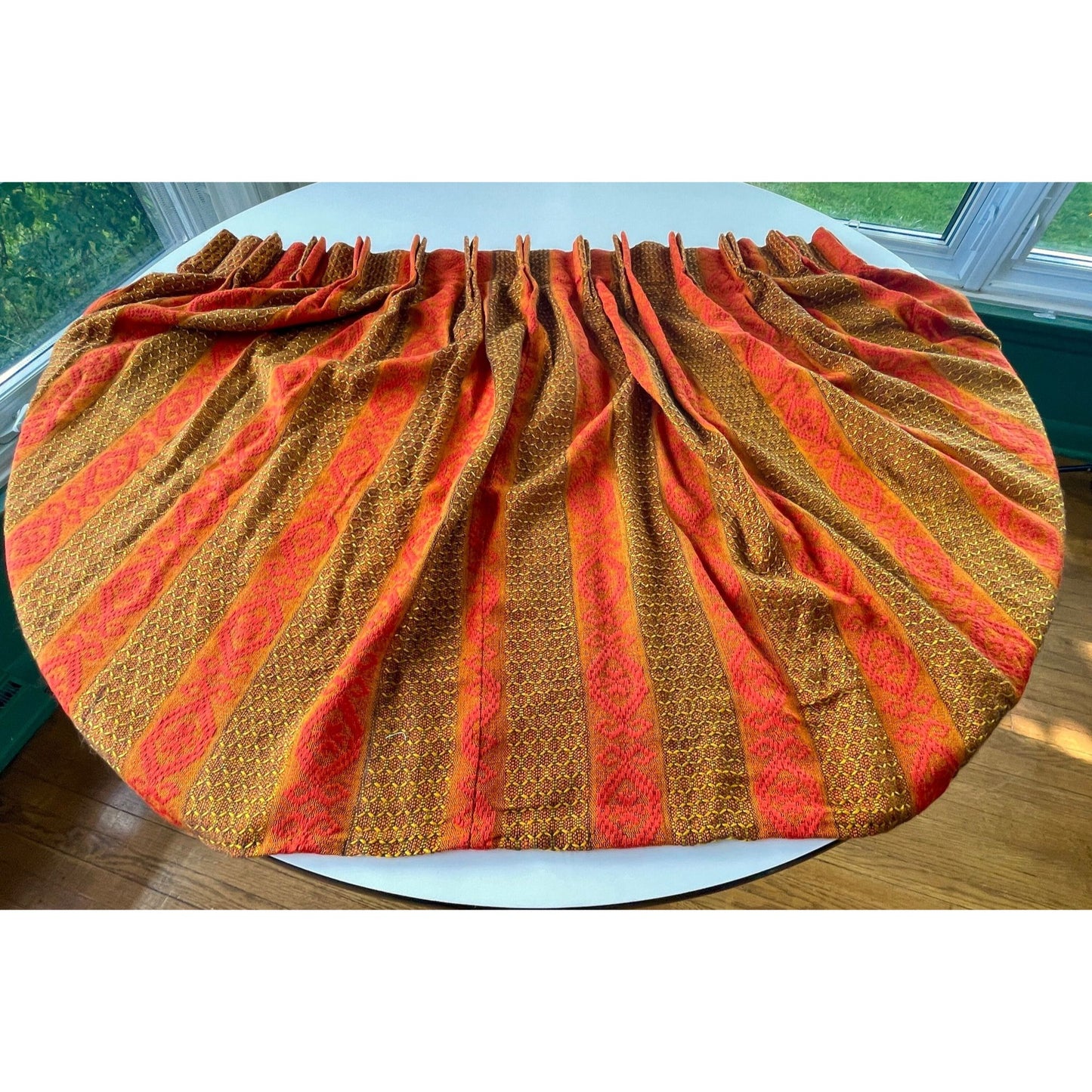 Vintage 1970s pleated curtain, orange, yellow striped