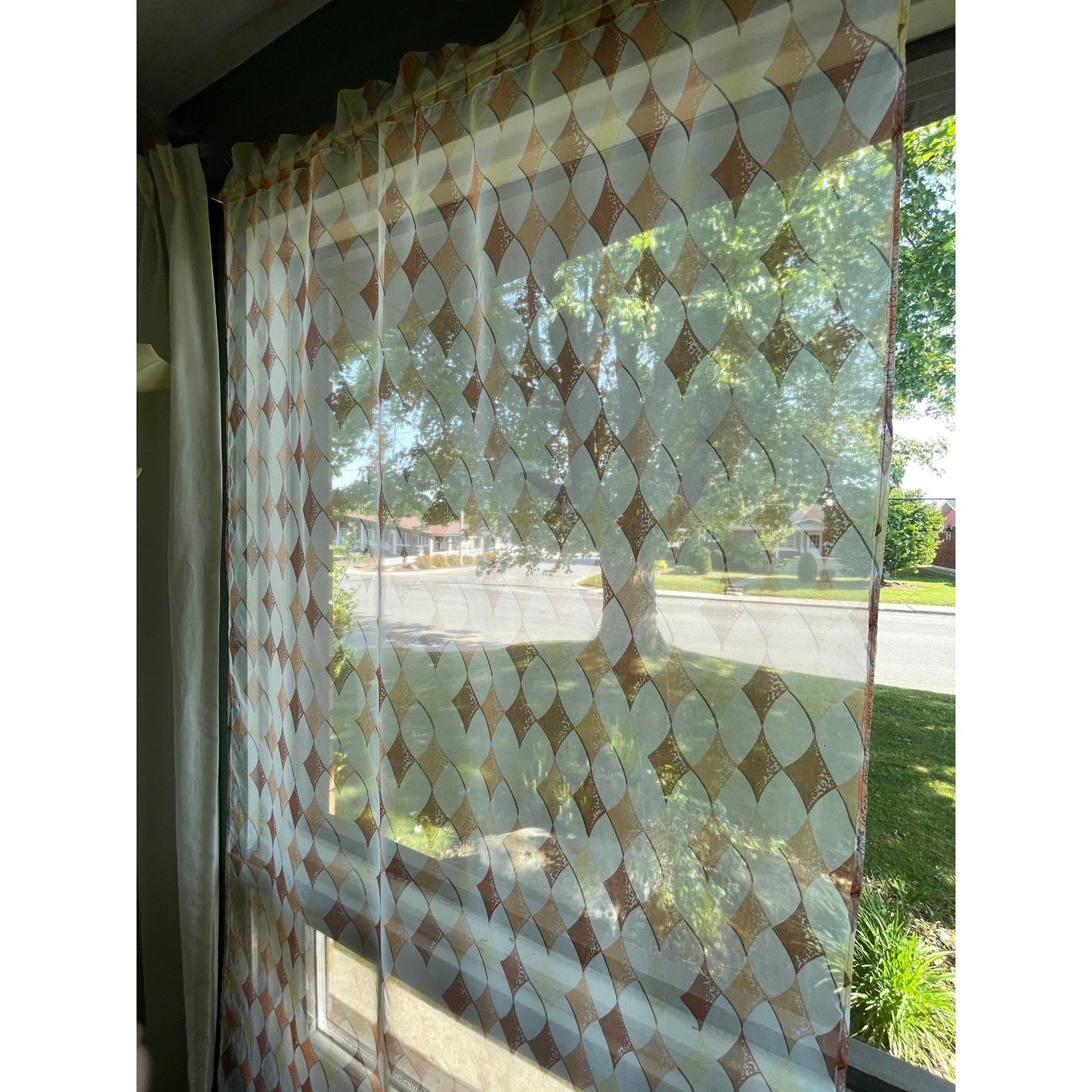 Vintage 70s curtain, sheer orange brown white geometric pattern