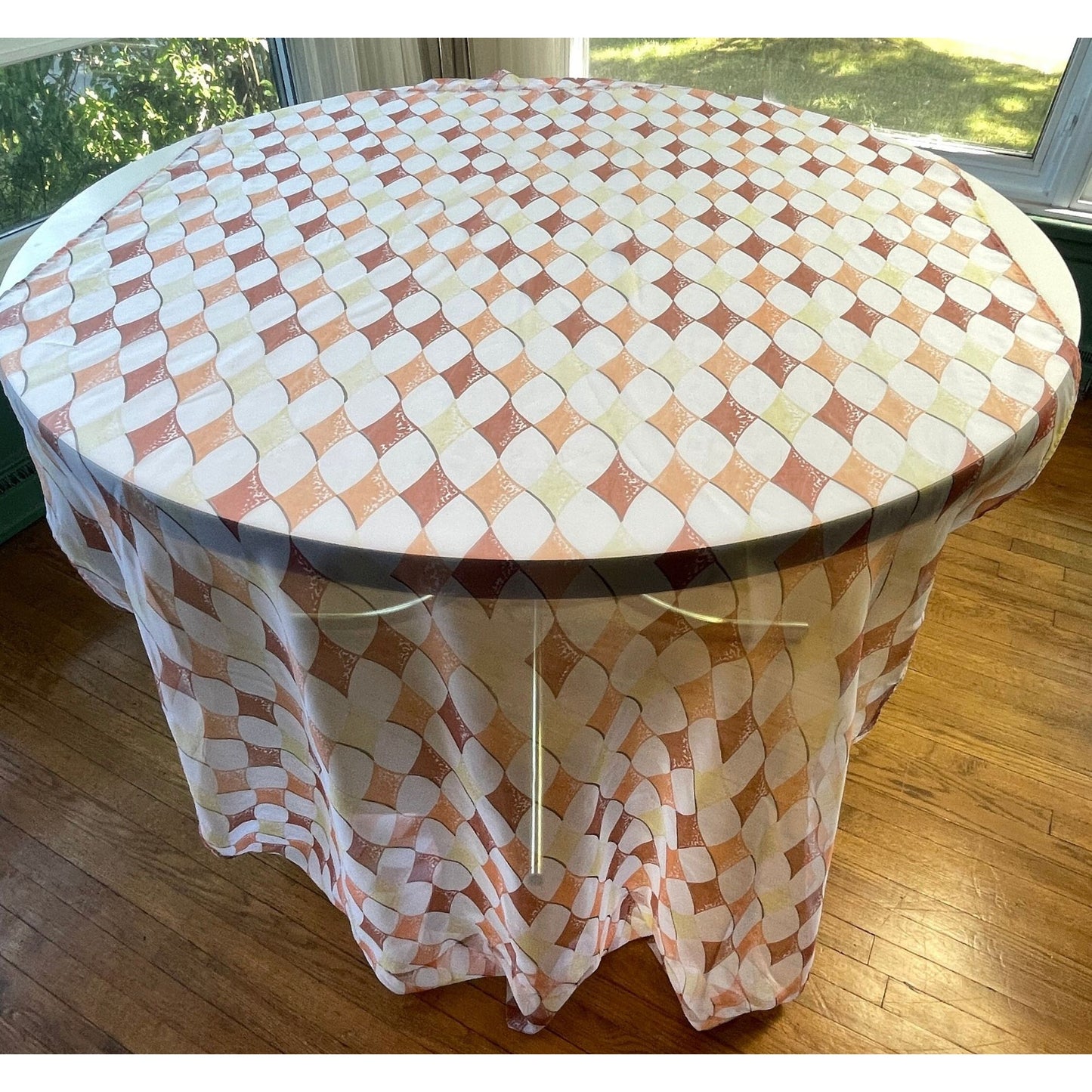 Vintage 70s curtain, sheer orange brown white geometric pattern