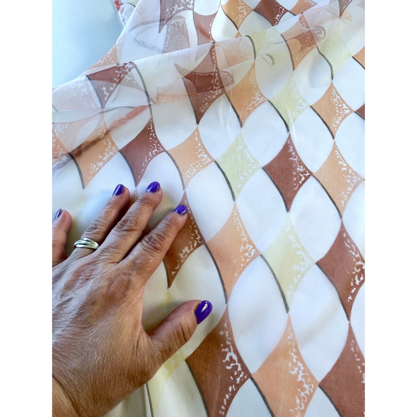 Vintage 70s curtain, sheer orange brown white geometric pattern