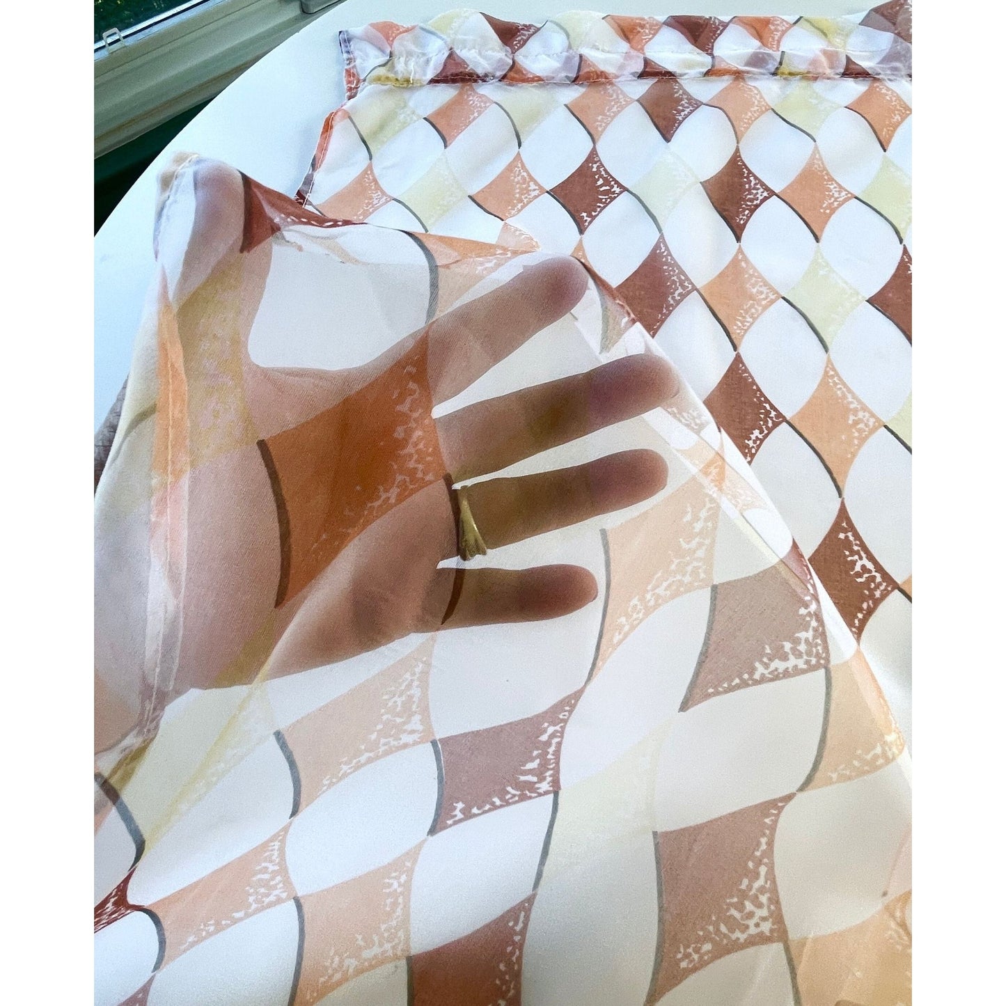Vintage 70s curtain, sheer orange brown white geometric pattern