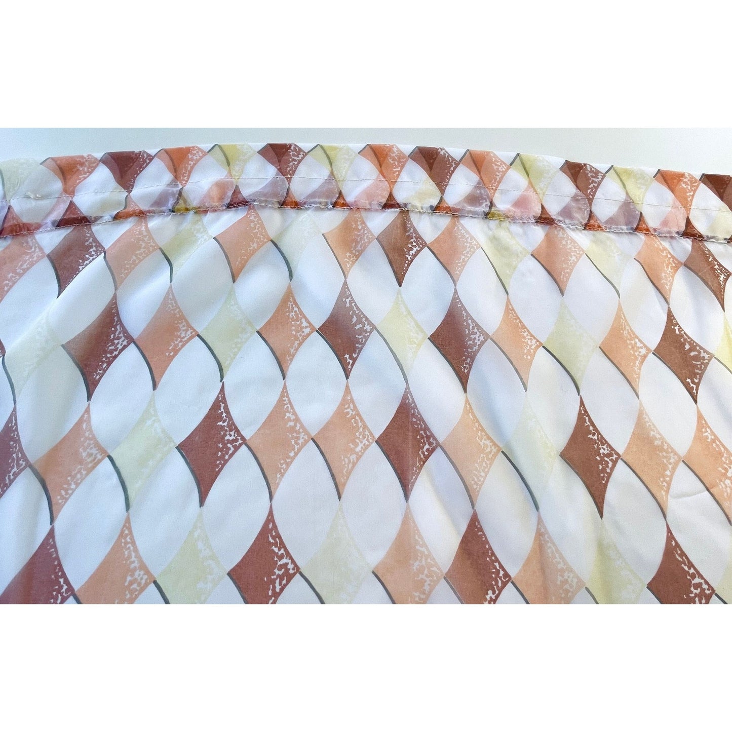 Vintage 70s curtain, sheer orange brown white geometric pattern